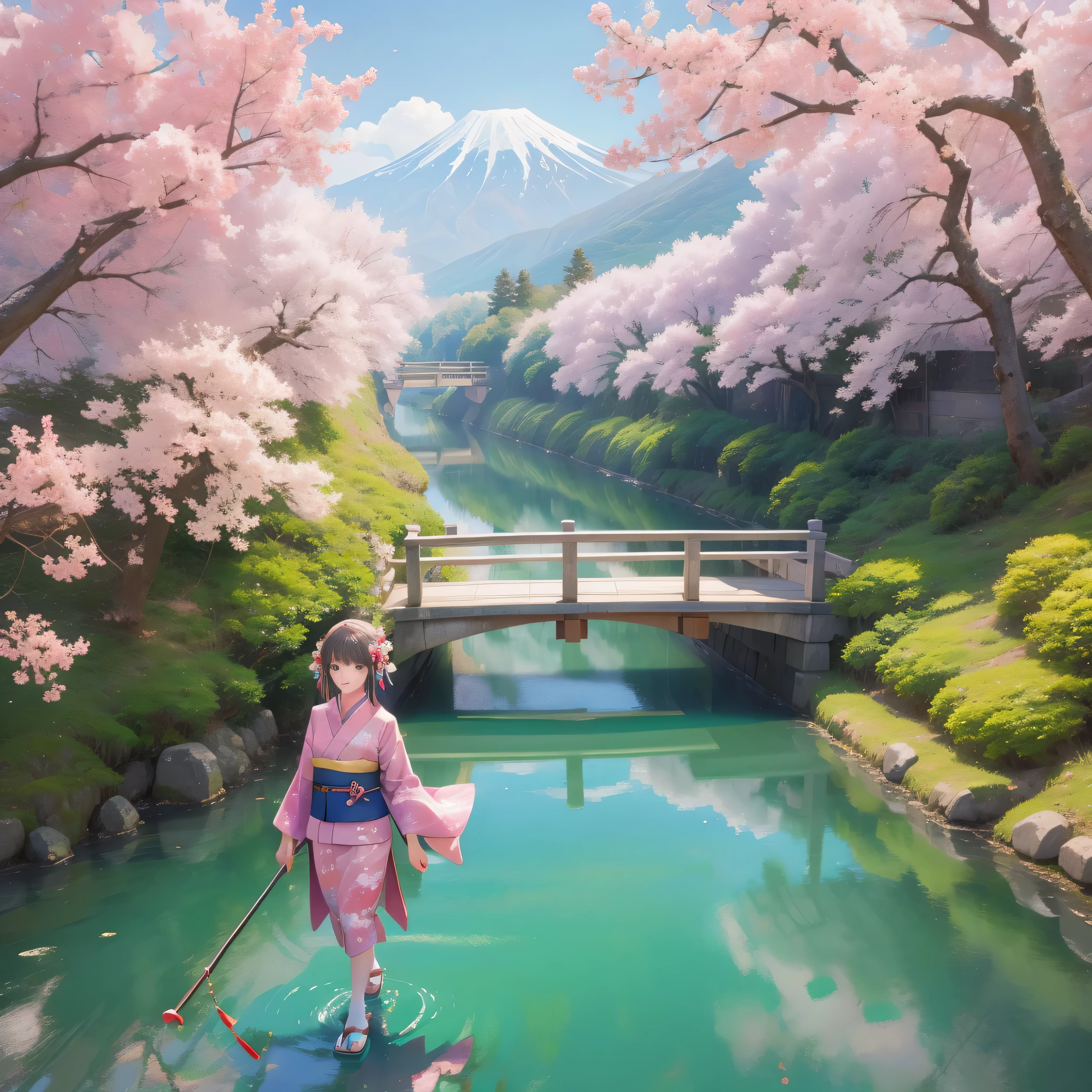 Gorgeous 12 year old girl. wearing kimono, walking across bridge, Japanes landscape, cherry trees, Mount Fugi in background.