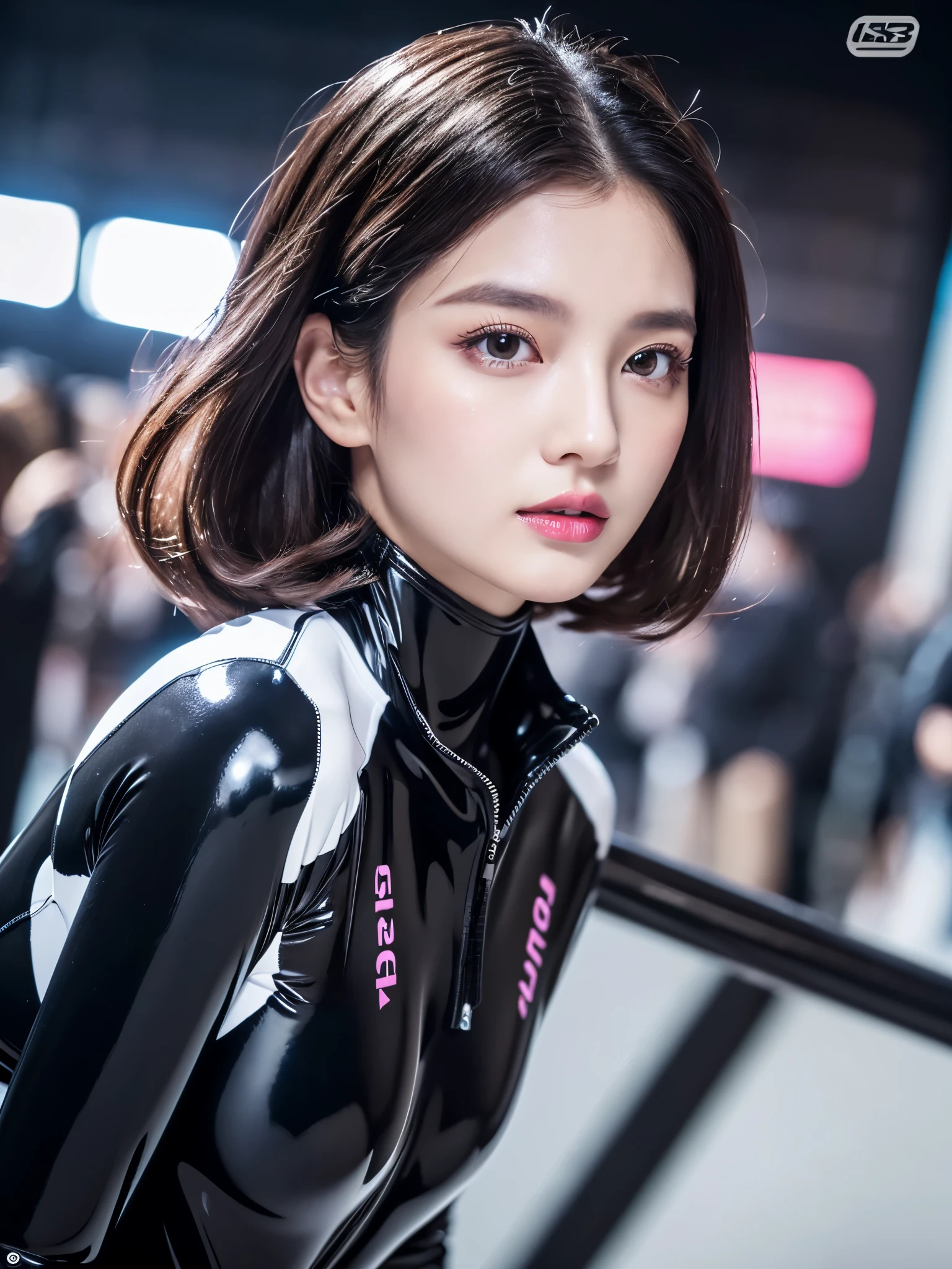 8k,超A high resolution,highest quality、masterpiece、Ultra - High resolution、(It looks real in the photo:1.4)、(1 girl)、long sleeve、(rubber black racing suit)、(mid short hair)、(wet hair)、super detailed human face、pink gloss lipstick