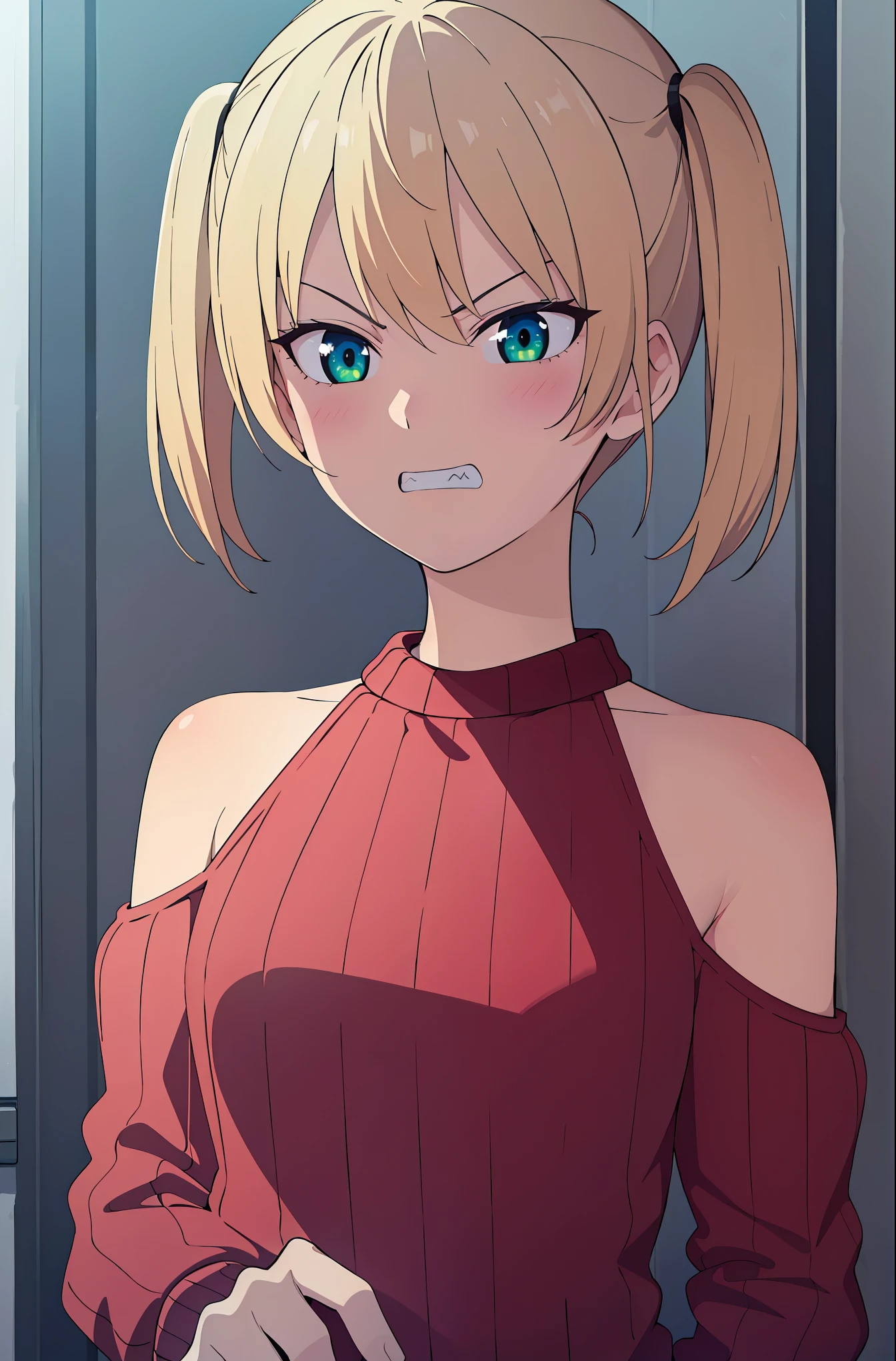 (Extremely detailed CG unified 8k wallpaper), (masterpiece), (best quality), (Super detailed), (Best Illustration), (best shadow), (Ridiculous), 1 girl, alone, Milika, 1 girl, blonde hair, alone, Double tail, sweater, clenched teeth, green eyes, teeth, Cutout shoulders, Clothing tailoring, bare shoulders, red sweater, long hair, Bangs, ribbed sweater, angry, Upper body,