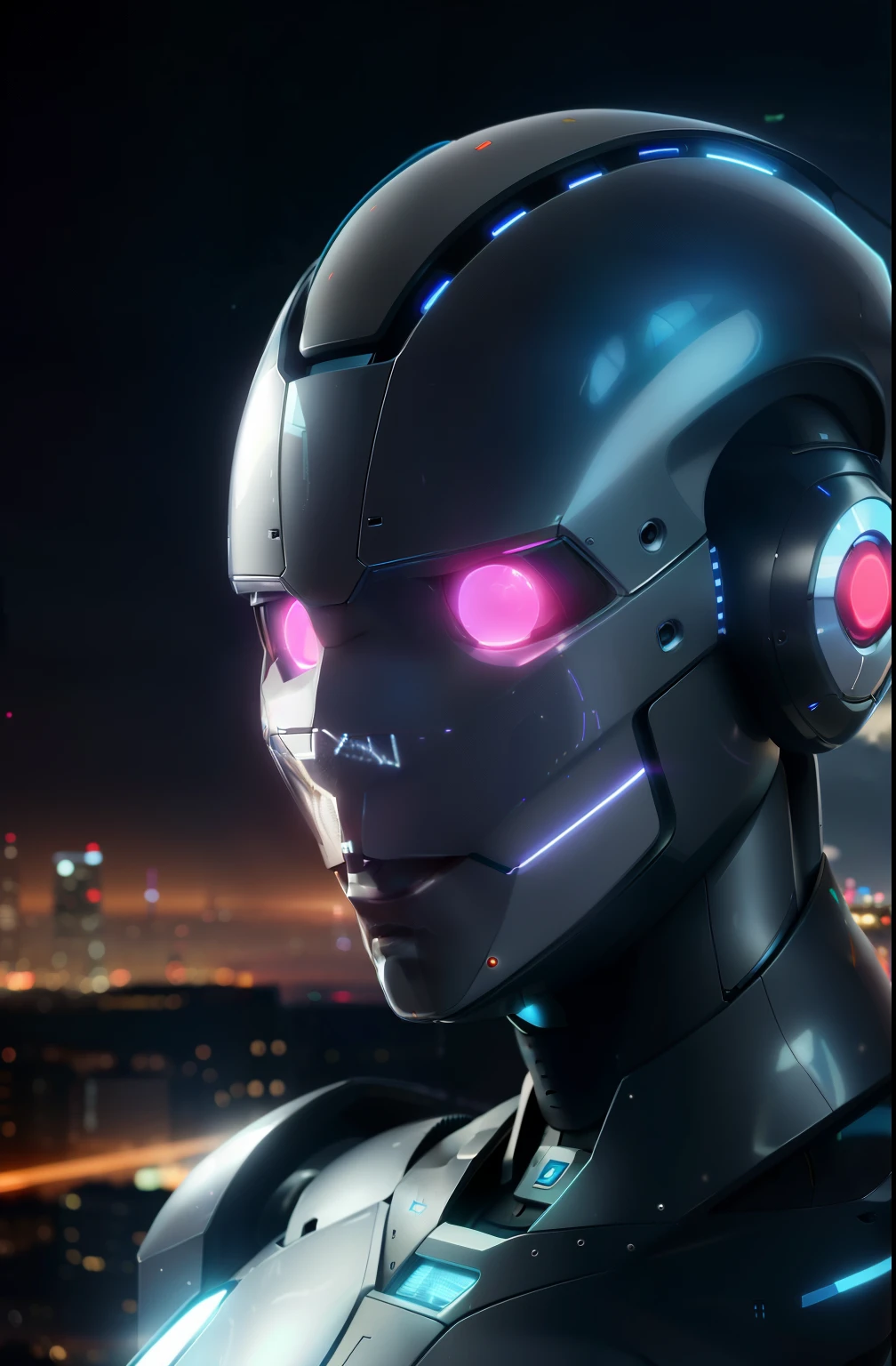 close-up of a robot against a city background, Artificial intelligence, strong Artificial intelligence, Futurist machines and robots, friendly humanoid cyber robot, Futuristic robot, Futuristic robotics, Futuristic robots, humanoid robots, portrait of a Futuristic robot, Artificial intelligence!!, Human futuristic city, cute humanoid robot, through 2 0 5 5, coming AI singularity