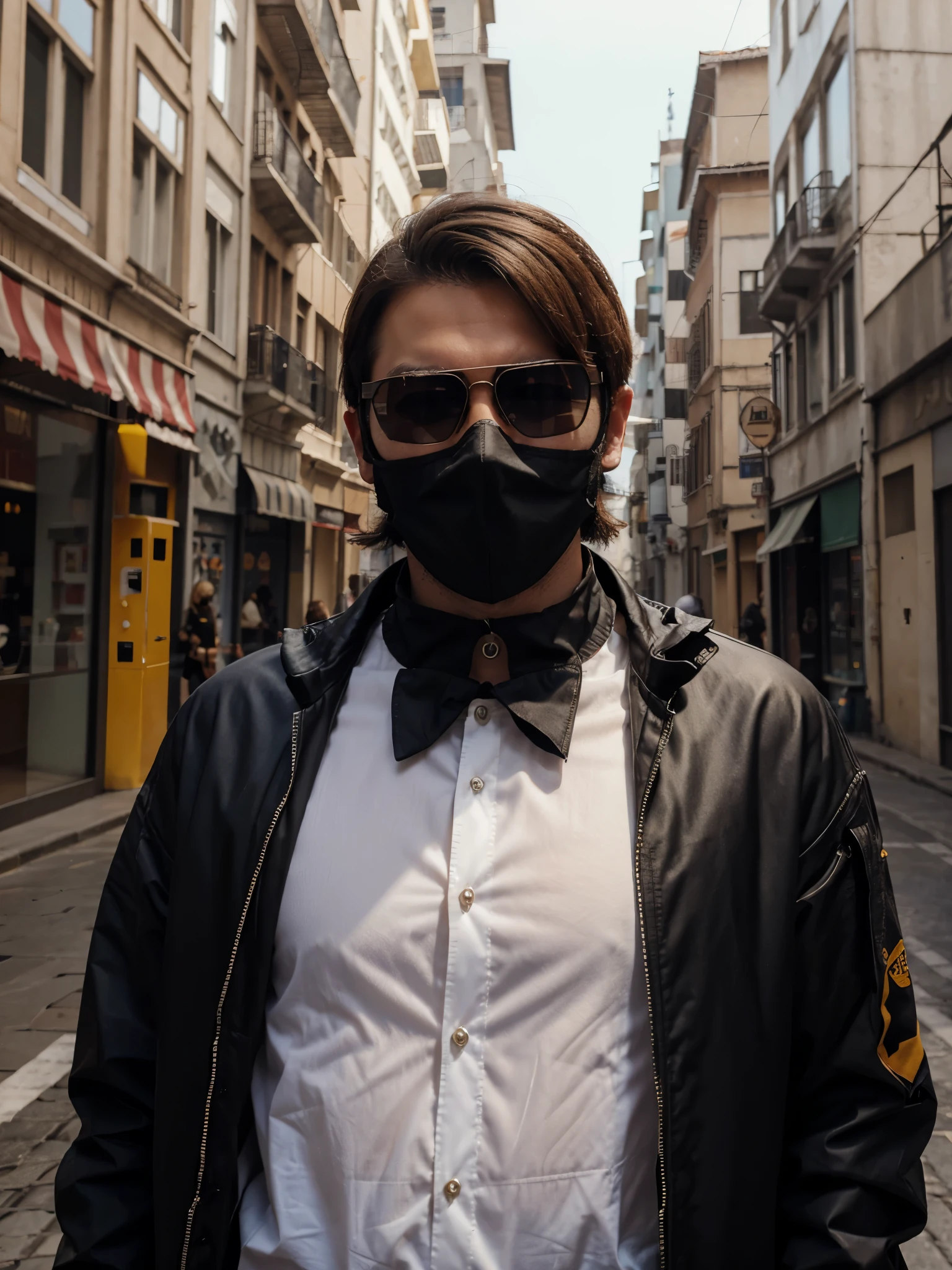 Personagem 3D da Garena Free fire masculino, cabelo castanho, transparent glasses and mask, high collar shirt without drawstring jacket with name (Alfa)