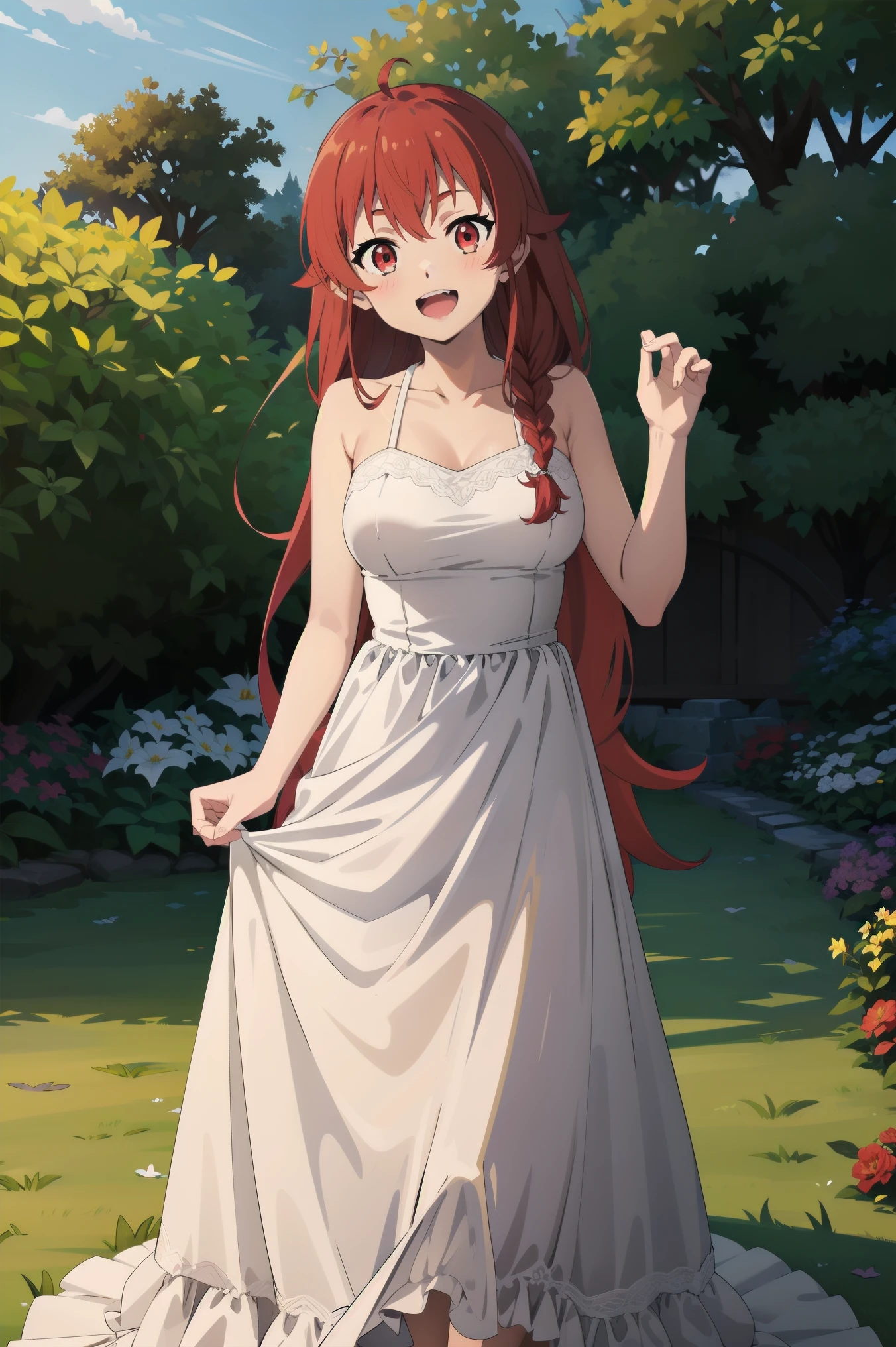 of, NSFW, 18+, masterpiece, 最好of质量, high resolution, plan,1 girl, Wedding dress, white dress, Permanently installed, garden, Smile, open mouth, red long braid, red eyes