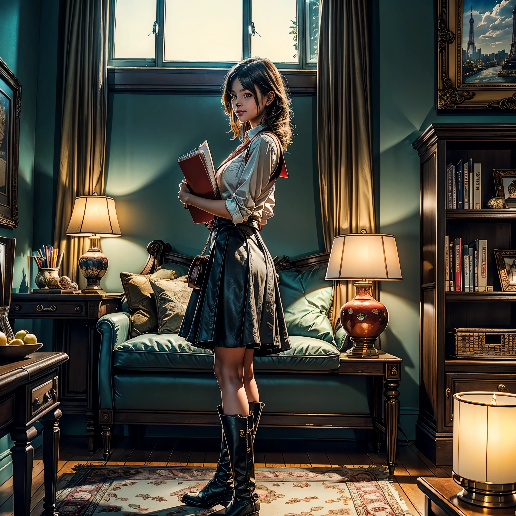 (epic Masterpiece, ultra highest quality, ulra highest resolution, ulra high-definition, distinct_image, very elaborate CG, cinematic lighting, ray tracing, drop shadows, detailed detail, (photorealistic: 1.4), ultra high quality textures, fine-grained, realistic face expression): (Epic gorgeous lone girl, face is Japan, brown short hair, small size breasts, sparkling eyes, Eye level shot, happy smile, beauty, slim body, holiday, own room, console game, computer, display, keyboard, mouse, long leather skirt, collared shirt, leather vest, handgun holder, carrying leather bag on your back, long boots, antique radio, coffee, model train, bookshelf, spacious yellowchair, Pots, fans, paintings, stuffed animals, ties, notebooks, stationery, vases, photo frames, letters, fountain pens, calendars, lamps, cushions, baskets, mirrors reflecting in profile, candles, telephone, fruit, newspapers, sweets, city Eiffel view outside the window), Pendulum clock frog varied multi etc. --v6 --s1000 --c20 --q5 --chaos100