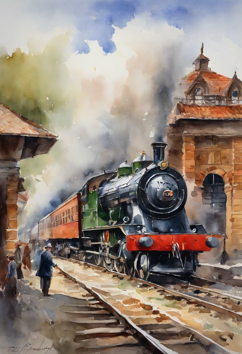 Painting of a magnificent railway station,The train pulls into the station,Retro blackhead steam train pulling into station.详细的watercolor painting,watercolor painting, CG Society Competition Winners, socialist realism, 详细的watercolor painting, Detailed painting in gouache, 详细的watercolor painting,people waiting for train at train station.peddler.Scene inside the station