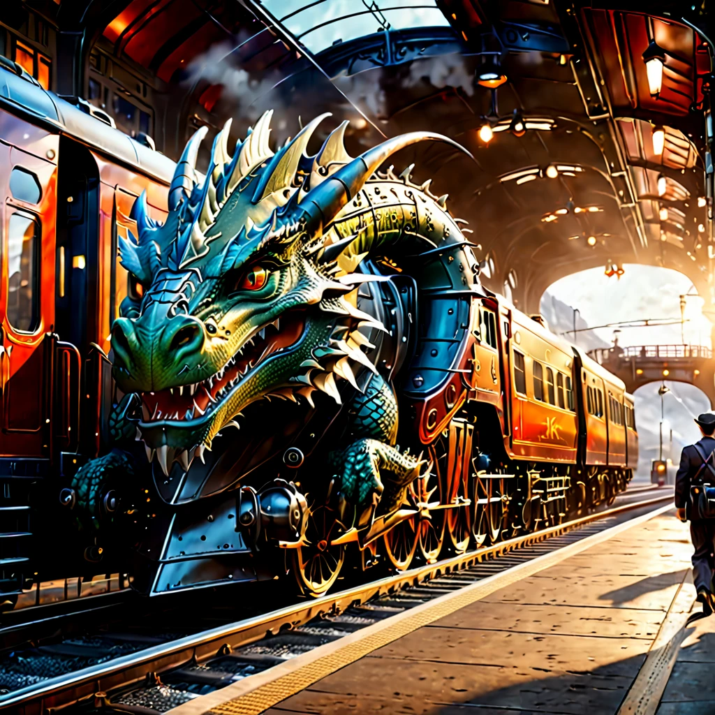 A train with a dragon-like majesty and elegant line form arrives at the station, and a maintenance worker rushes up to the train., elaborately designed, Cinematic, drkfntasy, gleam, ultra realistic, extremely detailed CG unity 8k wallpaper, masterpiece, best quality