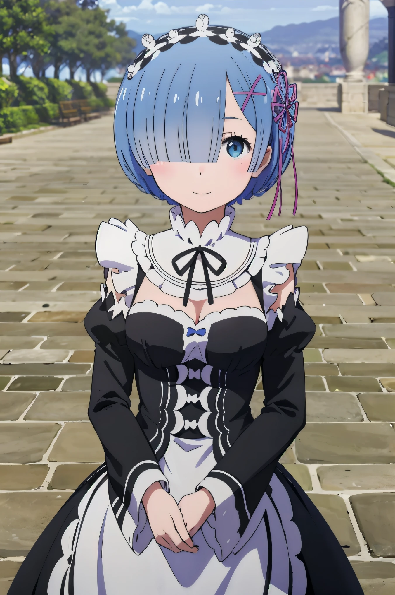 (((Pixel perfect, Perfect details))), alone, 1 girl, Rem, Roswaal mansion maid uniform, Maid tiara, looking at the audience, Smile