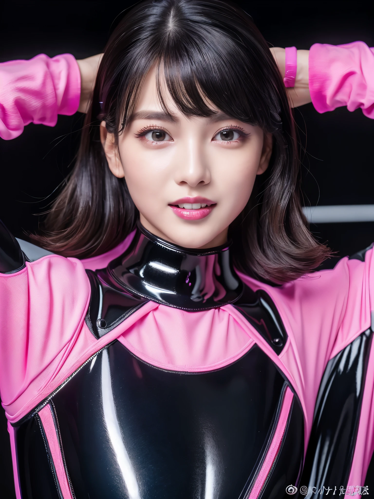 8k,超A high resolution,highest quality、masterpiece、Ultra - High resolution、(It looks real in the photo:1.4)、(1 girl)、long sleeve、(rubber black racing suit)、(mid short hair)、(wet hair)、super detailed human face、pink gloss lipstick、highly detailed teeth