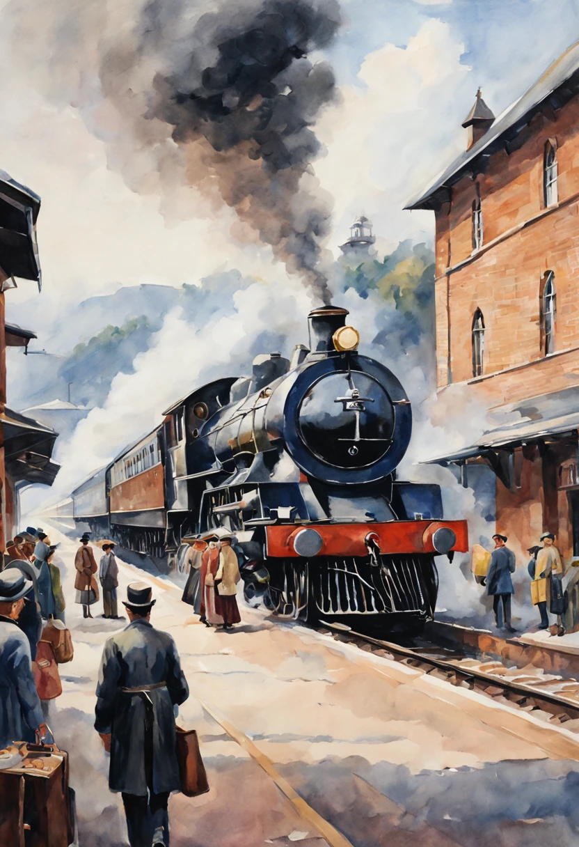 Painting of a magnificent railway station，The train enters the station,Retro blackhead steam train arriving at station.详细的watercolor painting,watercolor painting, CG Association Competition Winners, 社会主义realism, 详细的watercolor painting, detailed gouache paintings, 详细的watercolor painting,People waiting for the train at the railway station.Peddler.Station scene. Close-up of two kittens in coats on train track platform..Cute look for traveling with luggage:1.4, bright, Fresh and contrasting, beautiful light and shadow .kitten dressed.no splash, realism, cute cat
