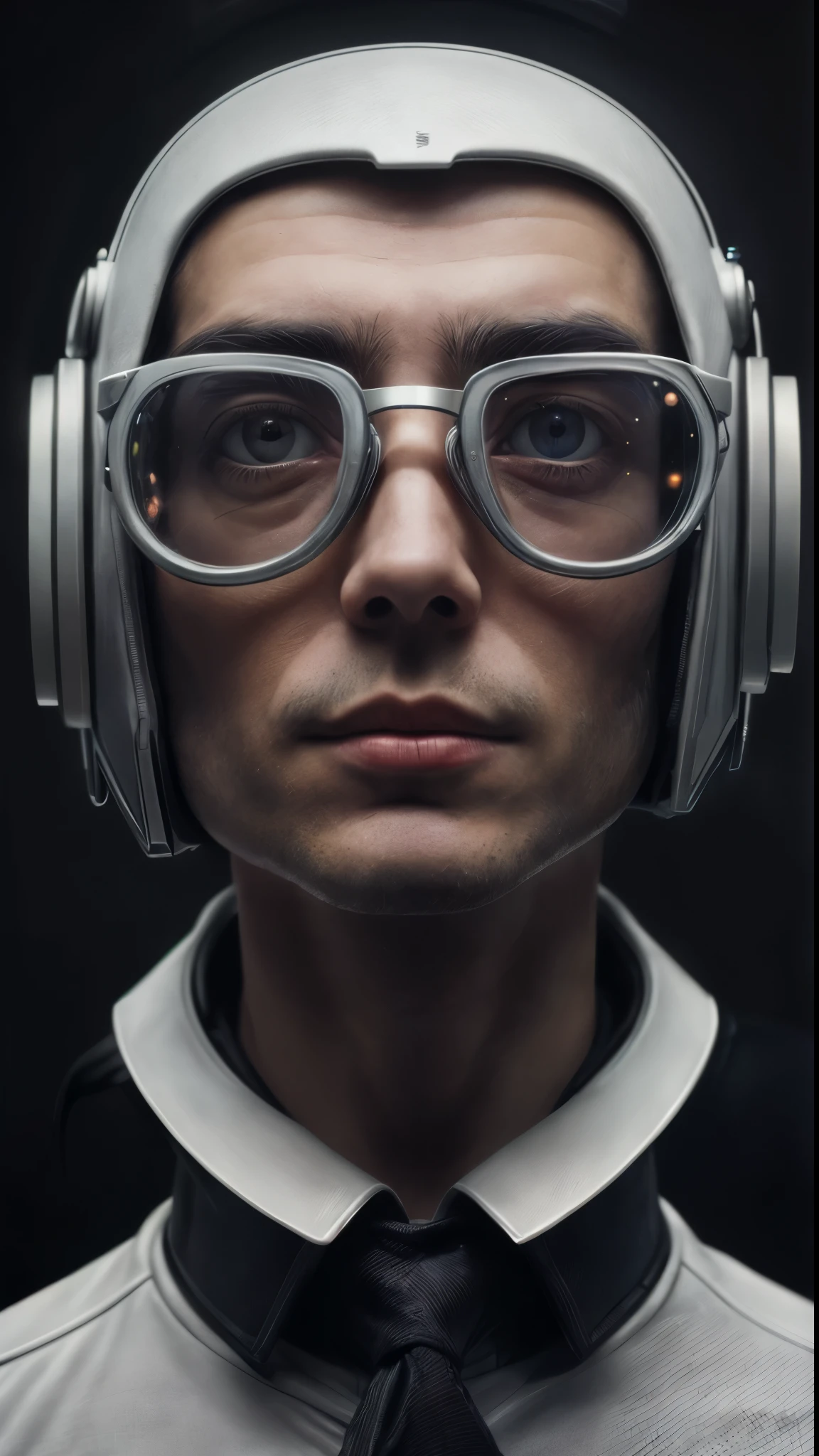 Hombre arafed con auriculares y gafas con corbata., retrato de un astronauta ia, close-up retrato de cyborg, retrato de un robot futurista, lentes de gafas futuristas, futuro codificador hombre mirando, science fiction pilot, symmetry!! retrato de cyborg, portrait of a science fiction woman, retrato de un cyborg espacial, retrato de un cyborg