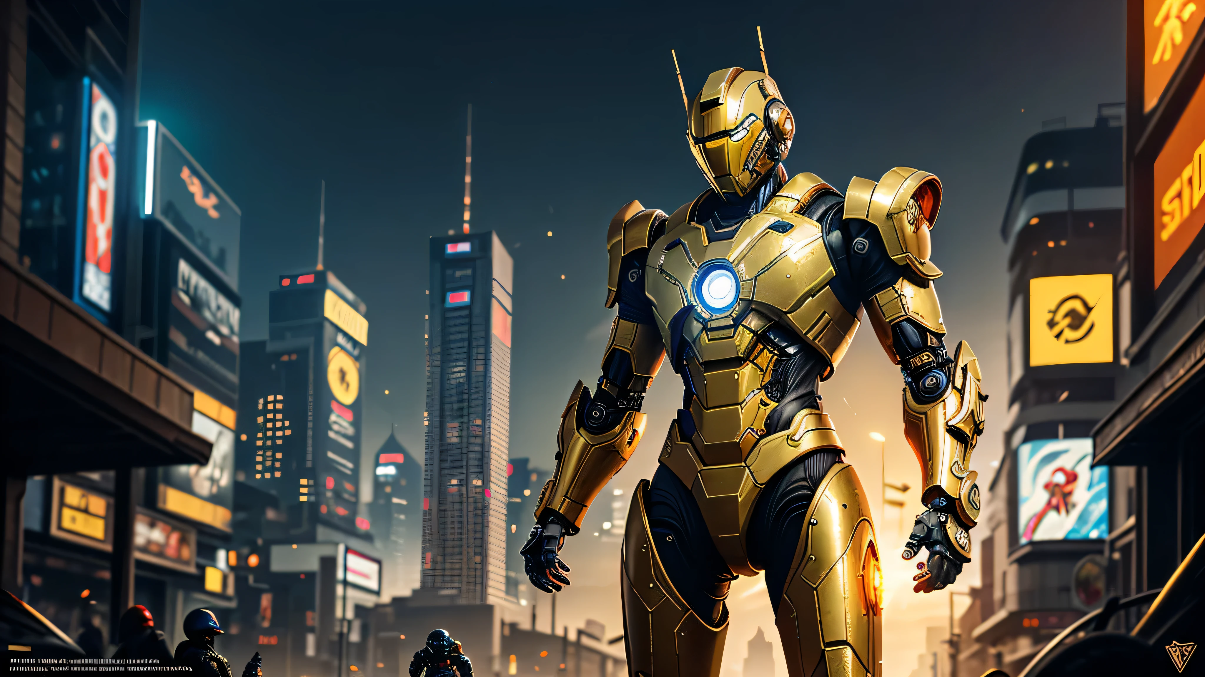 Realistic depiction of an advanced fully body cybersuit looking like the perfect mesh of Bumblebee from transformers, Ironman, Marvel Comics Vision the android, and DC's comics Brainiac. Golden dragon scale warframe. Armor is embedded with golden shimmering dragon scales. Fantasy,Cyberpunk robotic killer bee mech,cyborg in a fantastic glowing golden cyberhelmet head,full body, battle stance, golden reflective armorsuit,1man,Mechanical marvel,Robotic presence,Cybernetic guardian killer bee with a galactic mask shines brightly in its bioluminescent glow, wearing a worn-out mech suit, intricate, (steel metal [rusty]), elegant, clear focus, high contrast, ultra realistic vibrant lighting, vibrant colors, masterpiece, ((street)), dynamic pose,fantasy, intricate, highly detailed, lifelike, smooth, sharp focus. Combines the futuristic elements of a mecha and the elegance of a samurai, concept art, blade runner. Creating a cinematic effect against a dark backlit background. High contrast adds depth and intensity to the composition.