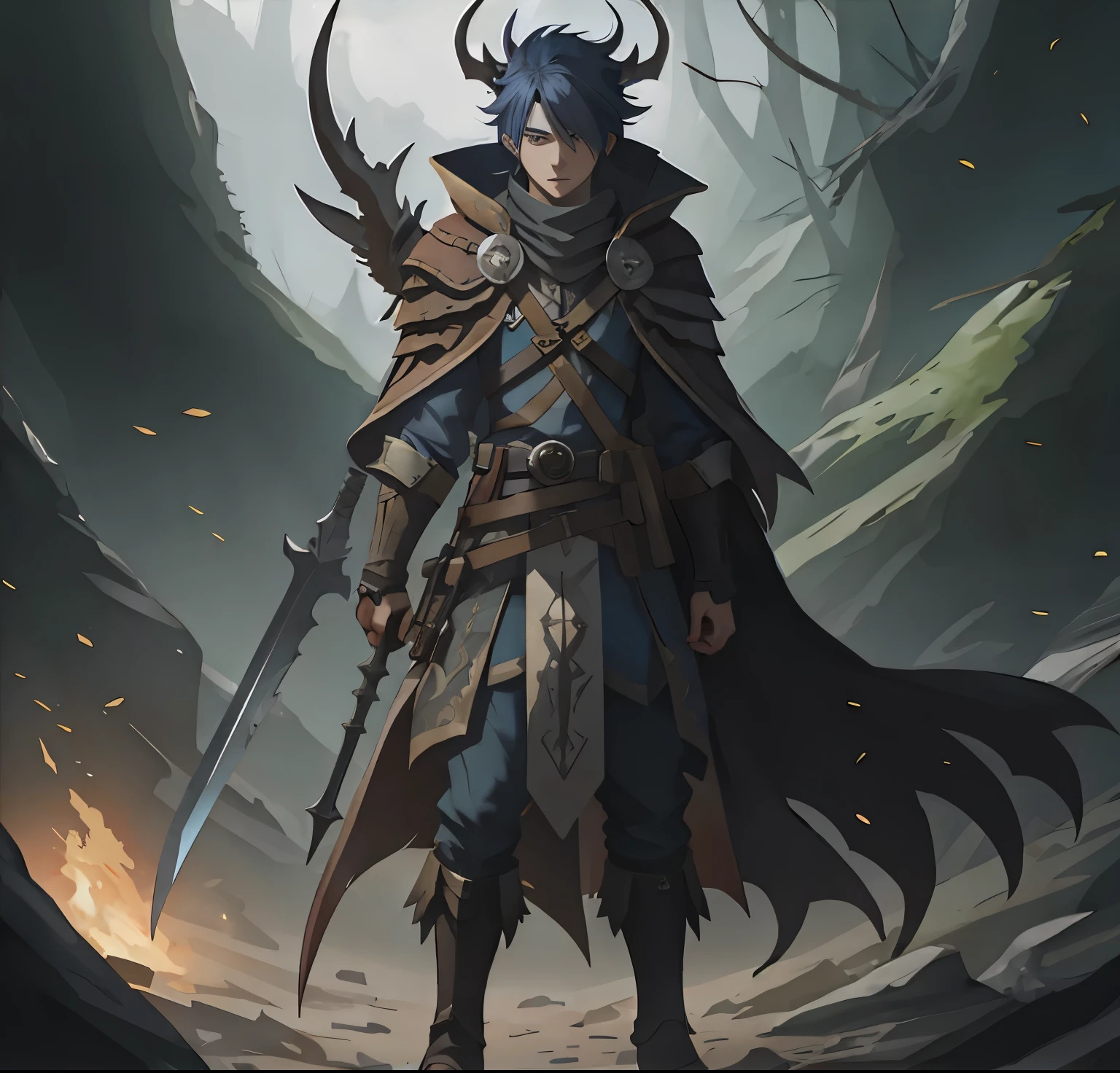 personagem de anime com espada e armadura em uma caverna, arte de personagem de RPG, epic fantasy digital art style, epic fantasy art style, epic rpg portrait, personagem de arte conceitual de RPG, retrato de RPG de corpo inteiro, Like a badass monster hunter, RPG retrato de corpo inteiro, elfo ranger masculino, 2. arte de fantasia de anime 5 d cgi, arte conceitual de retrato de RPG