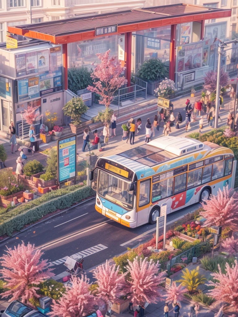 (bus stop:1.5)，现代城市的bus stop，city illustration，((city bus station))，((停靠在长满花朵的bus stop的长途汽车))，Winding，hibiscus flowers in bloom，sunny，The scene was full of joy，breath of spring，soft natural light，3D rendering miniature scene design，miniature diorama，Transparent material，Pipe conveying materials，rich and colorful，futuristic，emerging rendering，mixer，Unreal Engine，HD，best quality