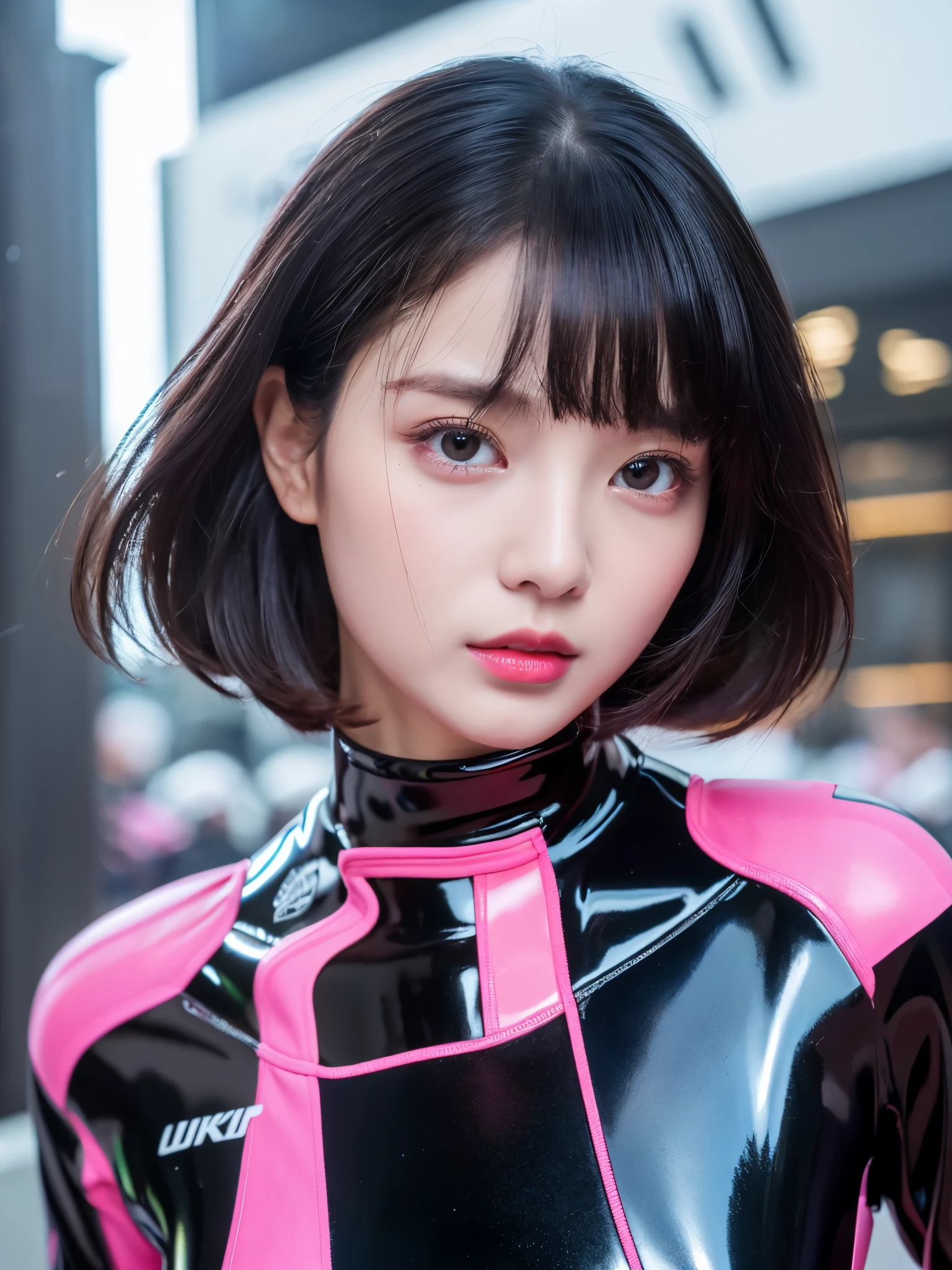 8k,超A high resolution,highest quality、masterpiece、Ultra - High resolution、(It looks real in the photo:1.4)、(1 girl)、long sleeve、(rubber black racing suit)、(mid short hair)、(wet hair)、super detailed human face、pink gloss lipstick