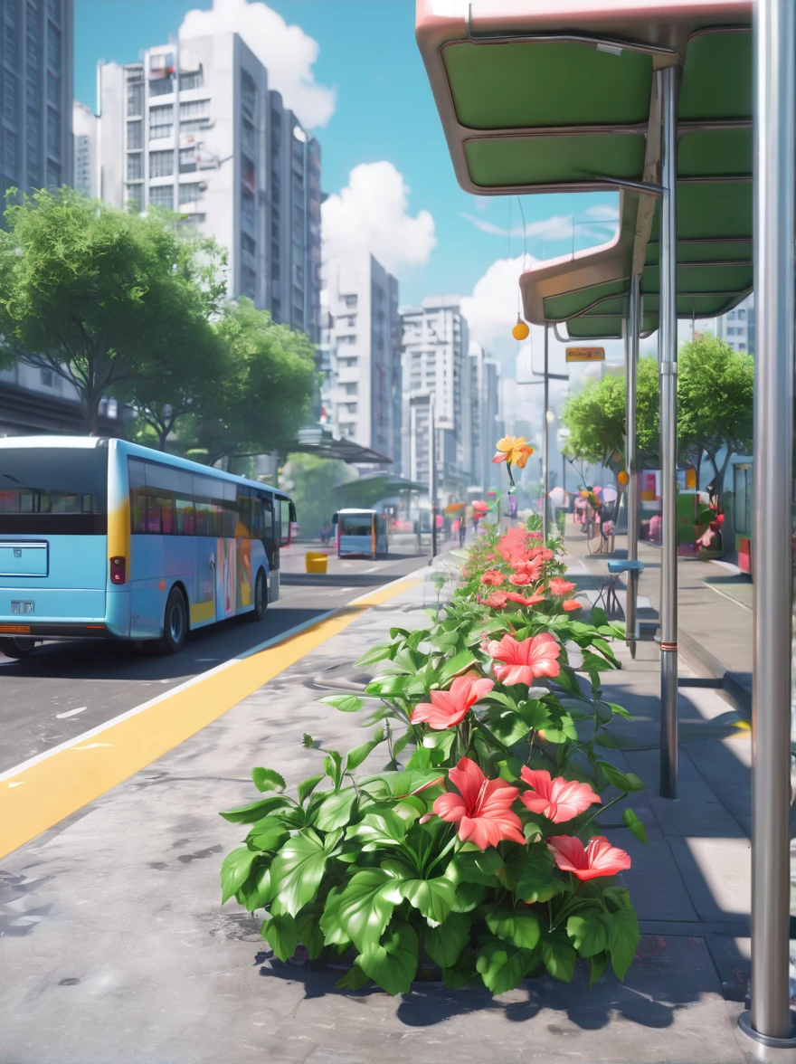 (bus stop:1.5)，现代城市的bus stop，city illustration，((city bus station))，((停靠在长满花朵的bus stop的长途汽车))，Winding，hibiscus flowers in bloom，sunny，The scene was full of joy，breath of spring，soft natural light，3D rendering miniature scene design，miniature diorama，Transparent material，Pipe conveying materials，rich and colorful，futuristic，emerging rendering，mixer，Unreal Engine，HD，best quality