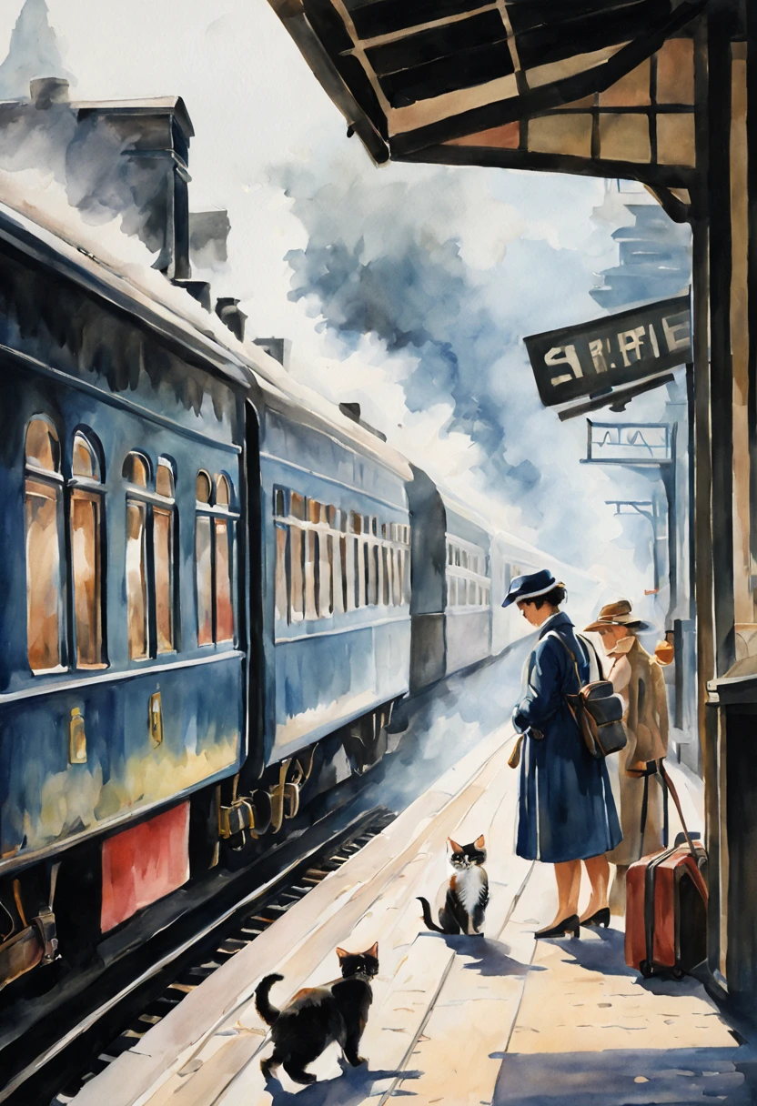 Painting of a magnificent railway station，The train pulls into the station,Retro blackhead steam train pulling into station.详细的watercolor painting,watercolor painting, CG Society Competition Winners, 社会主义realism, 详细的watercolor painting, Detailed painting in gouache, 详细的watercolor painting,people waiting for train at train station.peddler.Scene in the station. There are two cute kittens in coats on the train track platform, traveling with luggage.:1.4, Bright, fresh and contrasting, beautiful light and shadow .Kitten gets dressed.No splashing, realism, cute cat