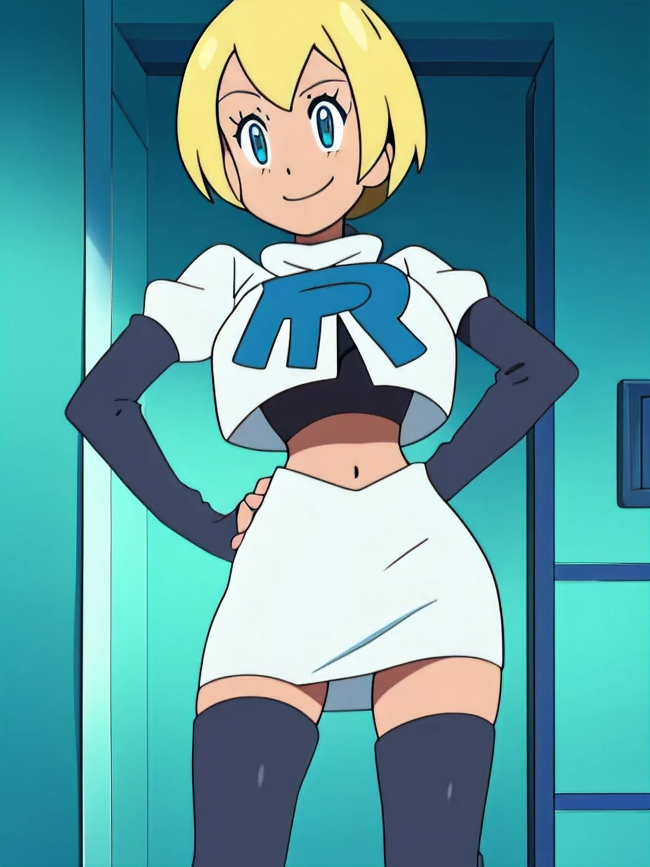 8k,1girl in, (solo:1.1), (perfect body:1.1), (best quality:1.1), very large breast, team rocket, team rocket uniform, red letter r, white skirt,white crop top,black thigh-high boots, black elbow gloves, smiling, looking down at viewer, hands on hips,zettai ryouiki,cowboy shot, defcolette