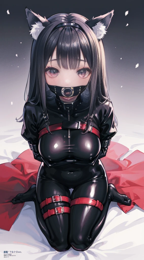 high quality, masterpiece, super detailed, 1 girl, extremely detailed faces, gagged,gagged,Christmas black latex full body suit,black gloves,black christmas stocking tiara,gagged,BDSM,handcuffs,collar,Calm expression,Smile,handcuffs,collar,long black hair, Charming pink eyes, fox ears, ridiculously big, skin shiny, sitting on the snow,Cover your chest with your hands,Bright Christmas night scene