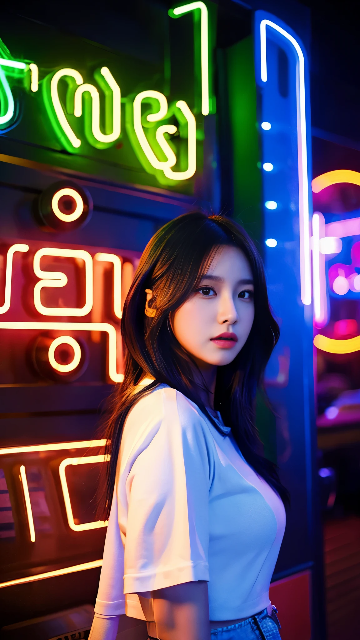 A woman is standing in front of a neon sign, Photo inspired by Ni Yuanlu, Trends in CG Society, pop art, Blackpink's Roseanne Park, popular on cgstation, cgstation trends, Blackpink's Josh, big, portrait of Blackpink's Josh, Jaeyeon Nam, Sisionwu, sun yunjoo