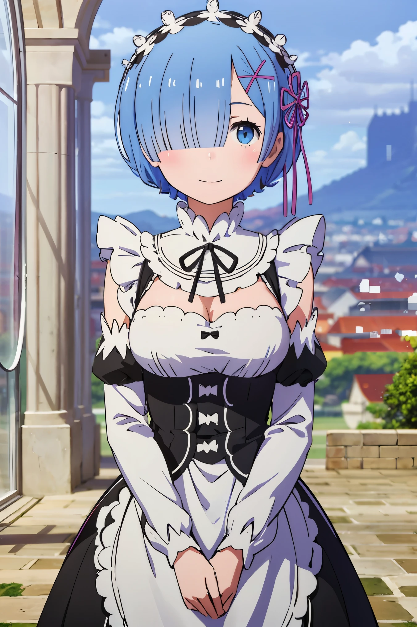 (((Pixel perfect, Perfect details))), alone, 1 girl, Rem, Roswaal mansion maid uniform, Maid tiara, looking at the audience, Smile