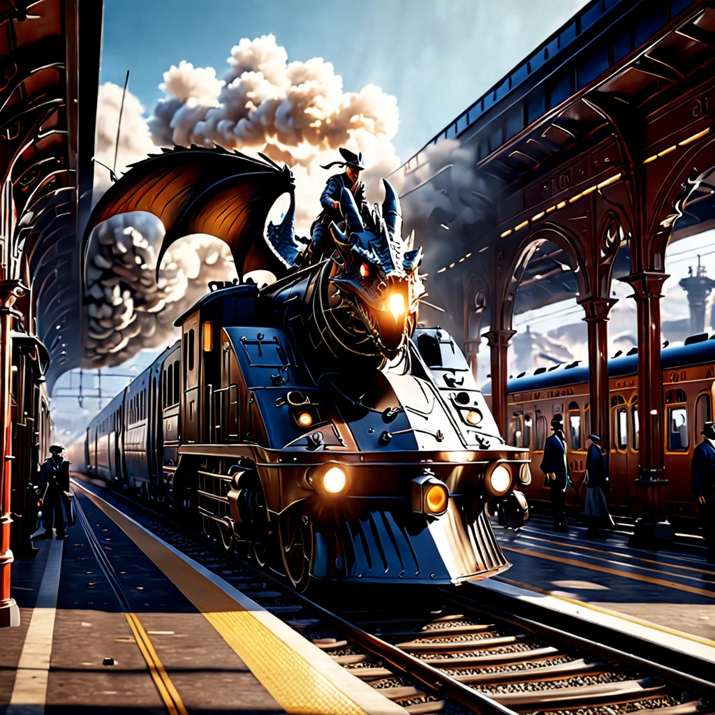 A train with a dragon-like majesty and elegant line form arrives at the station, and a maintenance worker rushes up to the train., elaborately designed, Cinematic, gleam, ultra realistic, extremely detailed CG unity 8k wallpaper, masterpiece, best quality