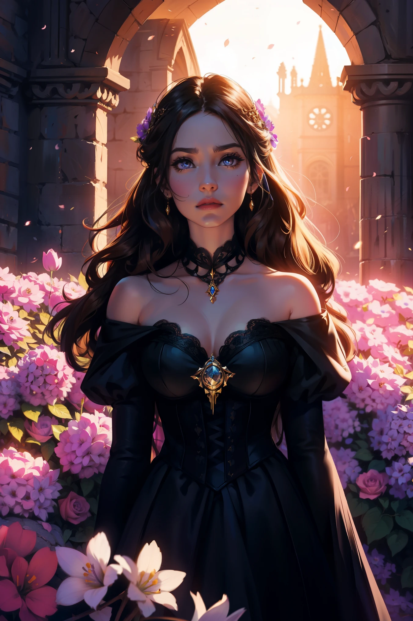 Fantasy, Gothic, light, garden, many flowers, a girl of about 20 years old with brown hair with wavy strands, plump lips, golden eyes, in a beautiful off-the-shoulder lilac ball gown of the late 19th century, looks like Jaina Proudmoore, hd