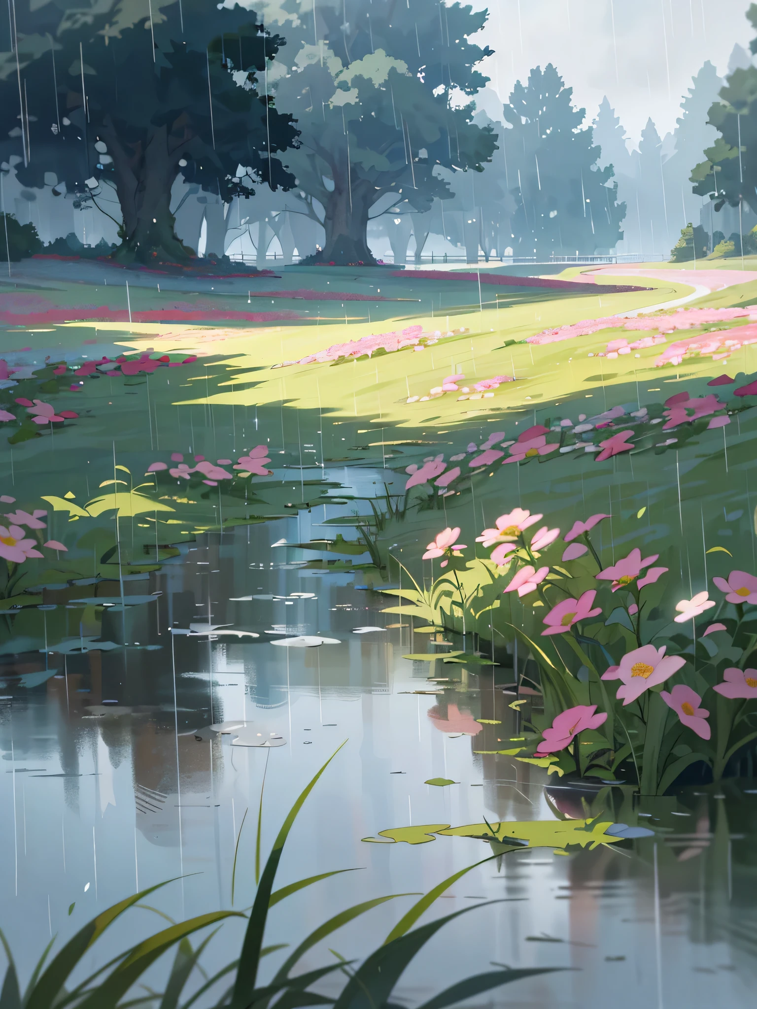 (Extremely detailed CG unified 8k wallpaper,masterpiece, best quality, super detailed),in a deserted forest,The rainstorm has just passed,light rain sparse,The water on the ground disappeared,small puddles reflect surrounding landscape,in the sky,Half of it is picturesque with white clouds,Half are slow moving gray clouds,Clouds are full of texture, Beautifully,breeze,Stroking the grass washed by the rain、Flowers and trees。