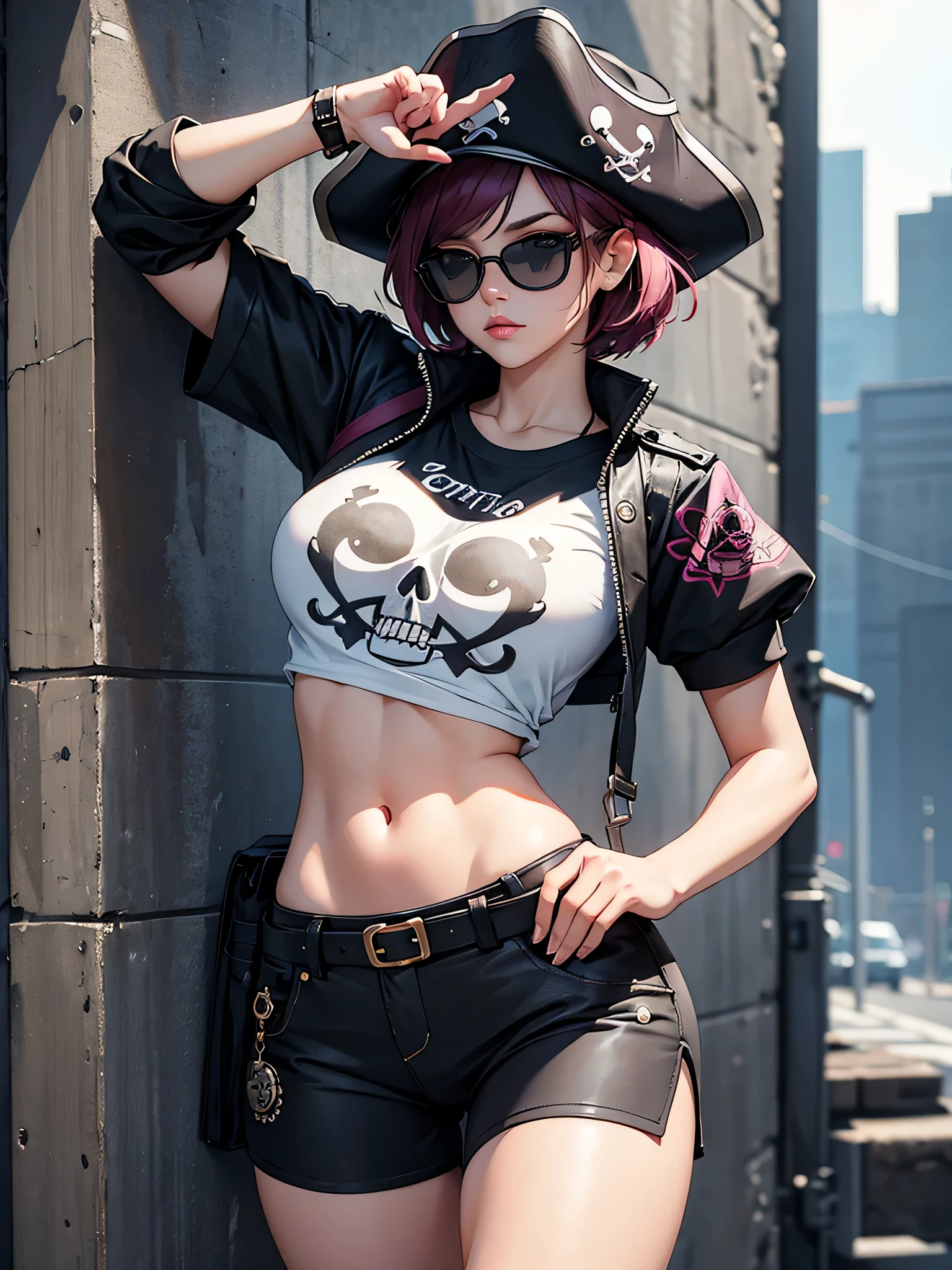 stylish t-shirt designs, The strongest girl pirate in history, cute lovely pirate skull, focus on the face, Stylish sunglasses, Fashionable hats, beautiful flower, highest quality、cyber punk, A girl standing in front of a wall with newspaper pasted on it, short hair, Embroidery pattern, dynamic pose, HDR, Detailed details, fashion, cinematic light, detailed clothing texture, game CG, Bright art style