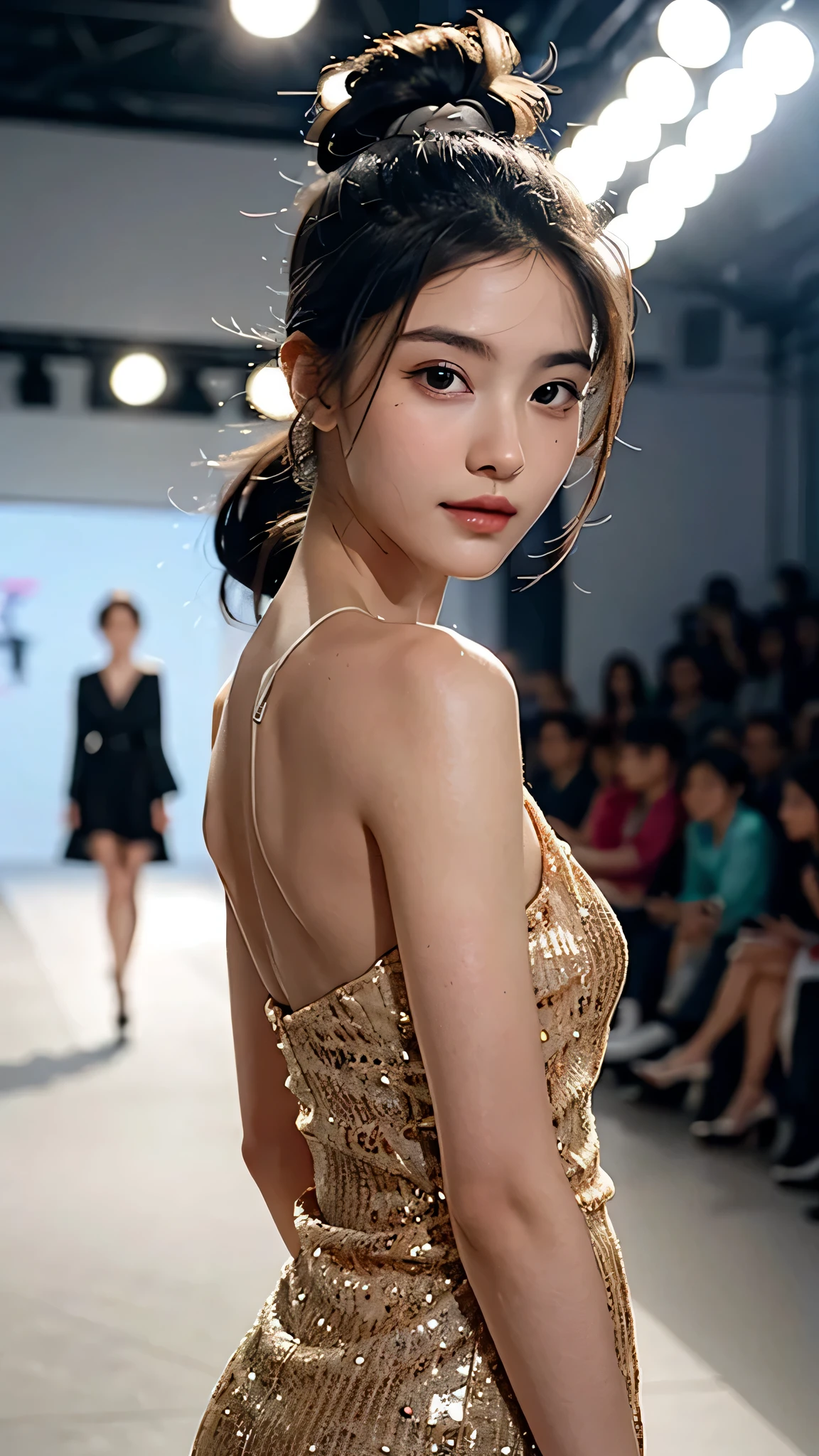 A girl walking down the runway at a fashion show, Skin-colored dress, thigh, (High resolution:1.3), (16K, Realistic, RAW Photos, Best image quality: 1.4), (One Girl), Beautiful Face, (A vivid face), Beautiful hairstyle, Realistic eyes, Beautiful and exquisite, (Realistic Skin), Beautiful skins, charm, 超High resolution, High detail, Highly detailed cute girl,(18-year-old), loose front of neck