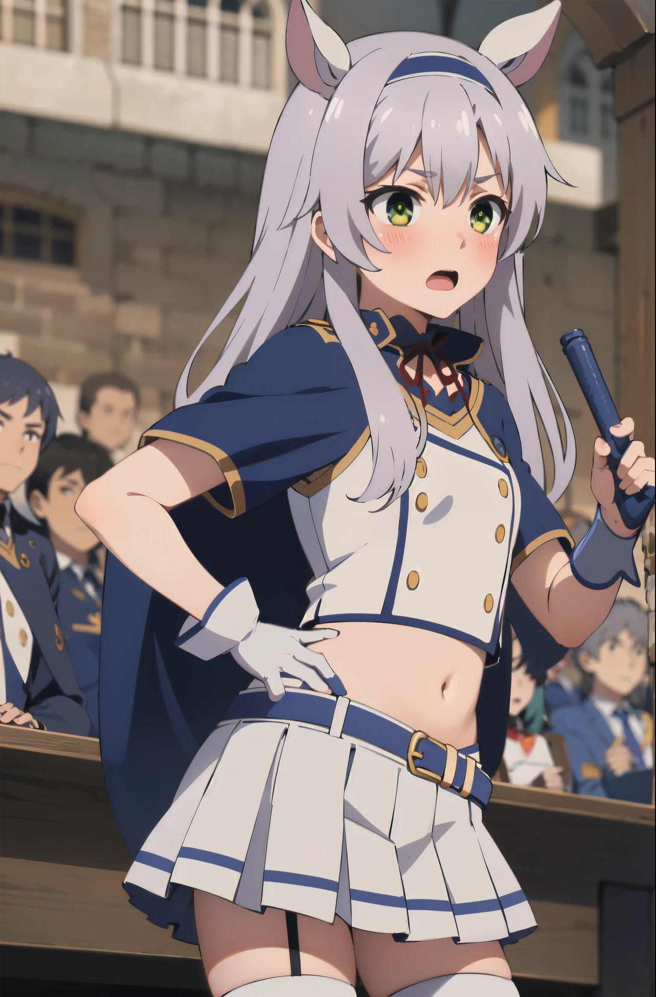 best quality, (masterpiece:1.2), detailed, middle Ages,
Sistine Faber,
1 girl, alone, open mouth, faint smile, blush,
long hair, gray hair, green eyes, blue headband, animal ears,
Uniforms, sling, blue shawl, White shirt, blue collar, red belt, mini skirt, white skirt, navel, Gloves, blue stockings,
Permanently installed, from angle, looking at the audience,
Outdoor activities, castle