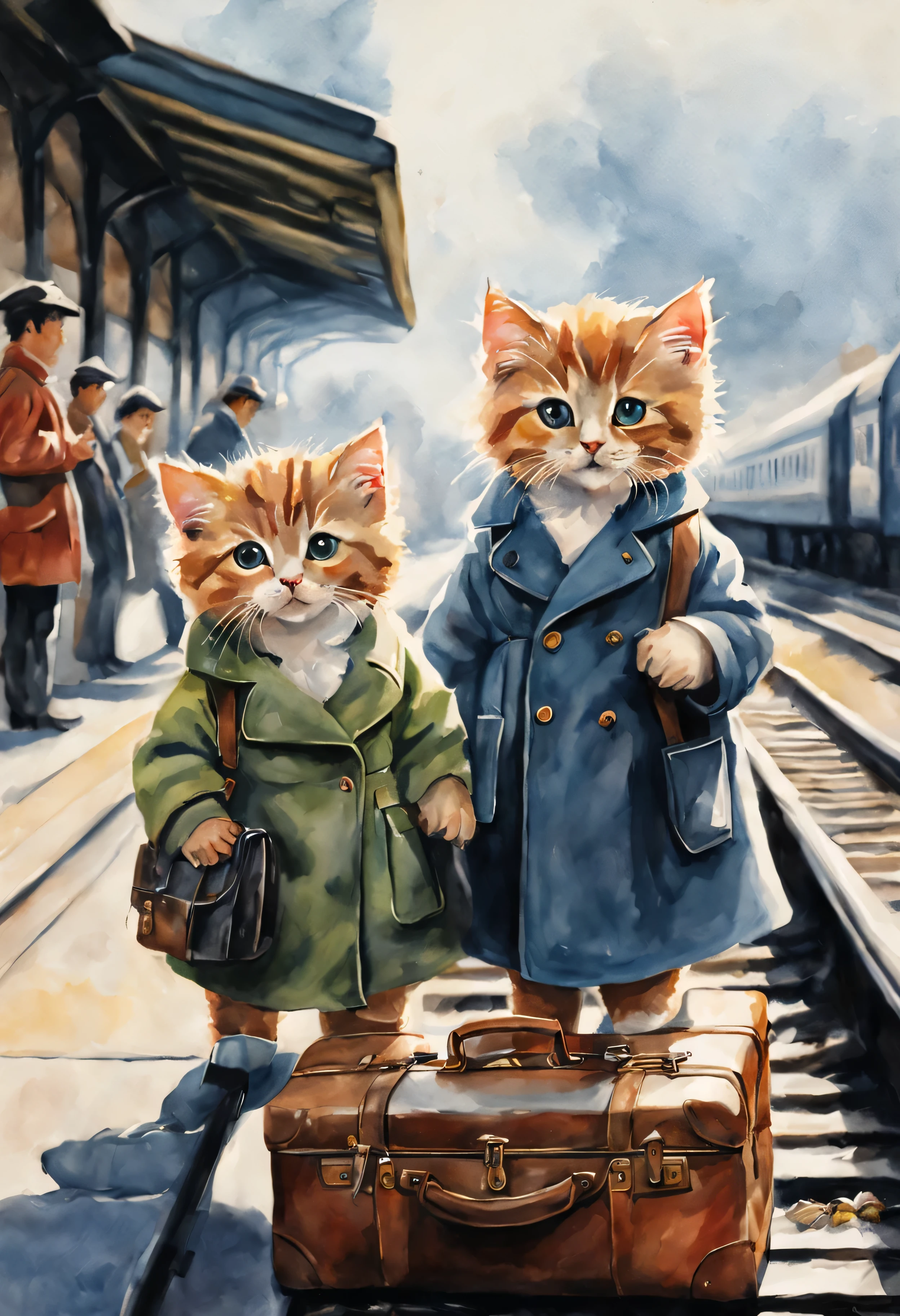Painting of a magnificent railway station,The train enters the station,Retro blackhead steam train arriving at station.详细的watercolor painting,watercolor painting, CG Association Competition Winners, 社会主义realism, 详细的watercolor painting, detailed gouache paintings, 详细的watercolor painting,People waiting for the train at the railway station.Peddler.Station scene. Close-up of two kittens in coats on train track platform..Cute look for traveling with luggage:1.4, bright, Fresh and contrasting, beautiful light and shadow .kitten dressed.no splash, realism, cute cat