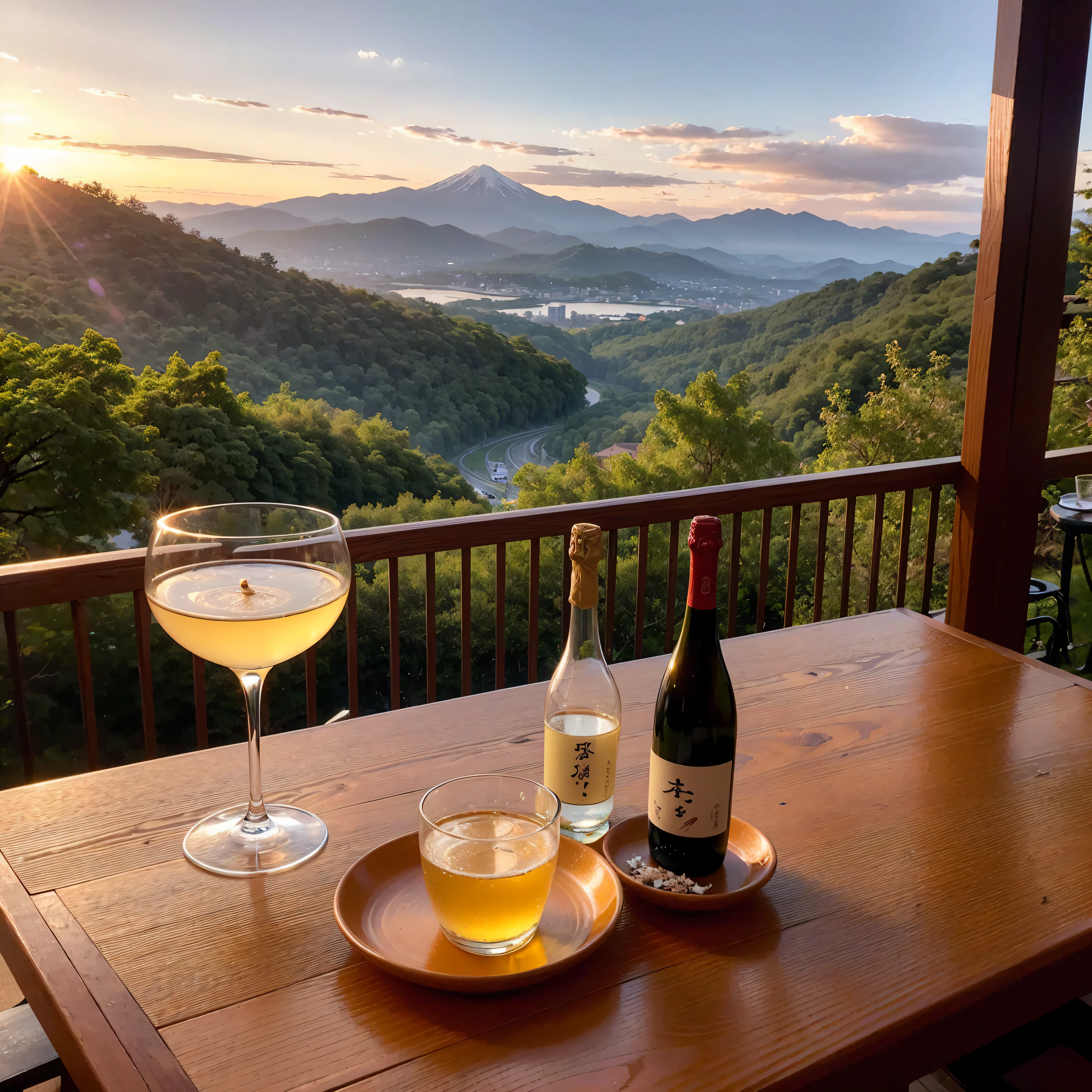 (including 64k, nffsw, highest quality, table top: 1.2), (realistic, realistic: 1.37), Spectacular view of the sunset sky and clouds、Amazing mountain views、White wine、Japanese sake、Sake Glass、wine glass、、sparkling wine、