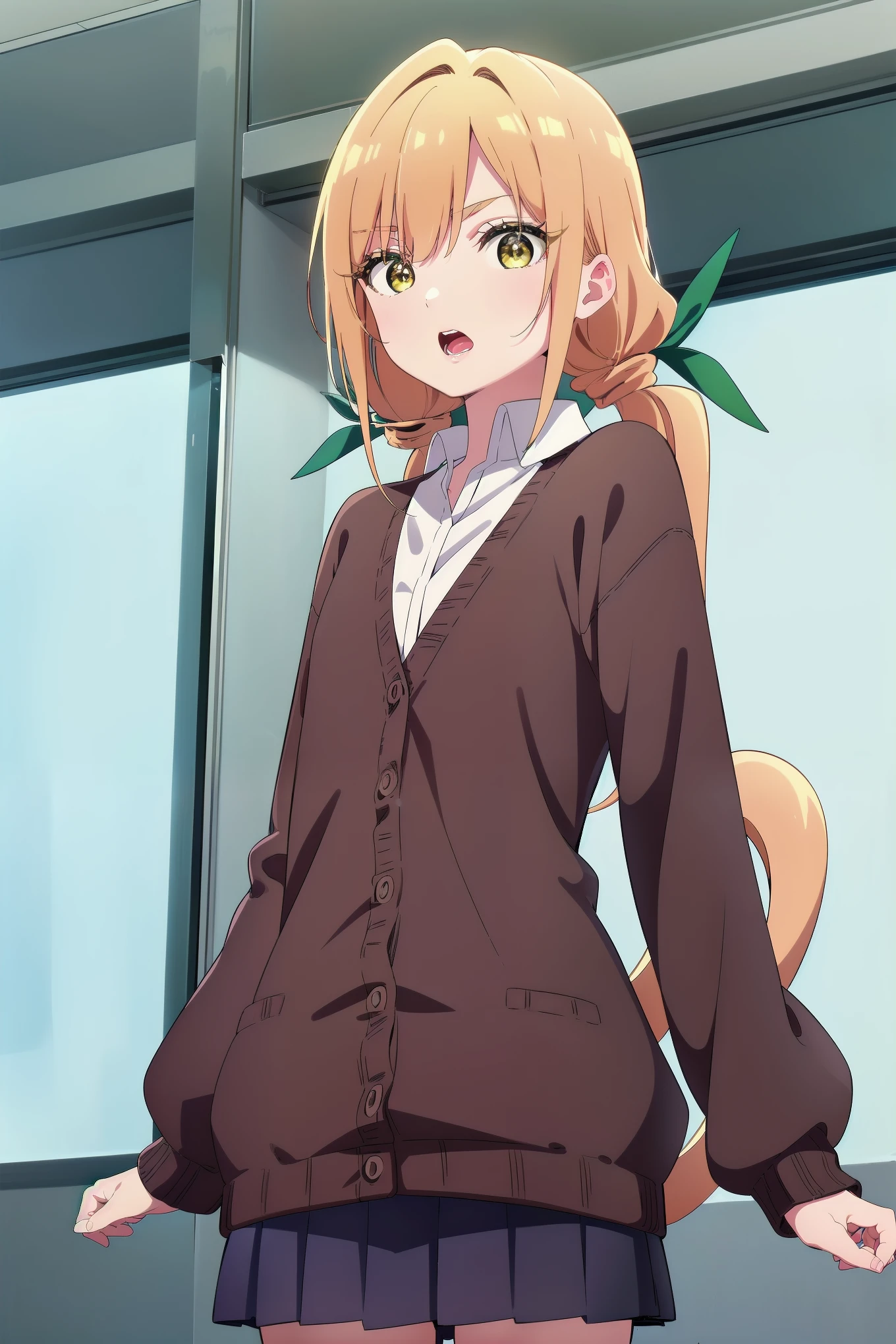 kalaninda, kalaninda, blonde hair, (yellow eyes:1.5), Headband, Double tail, low Double tail, long hair, (green ribbon:1.2), open mouth, Awkward,
rest skirt, shirt, Uniforms, white shirt, pleated skirt, cardigan, white shirt, collar, black skirt, brown cardigan, long sleeves,
rest looking at viewer,
rest indoors, classroom, (Cowboy shooting:1.5),
rest (masterpiece:1.2), best quality, high resolution, unified 8k wallpaper, (illustration:0.8), (Beautiful and delicate eyes:1.6), extremely detailed face, perfect lighting, Extremely detailed CG, (perfect hands, perfect anatomy),