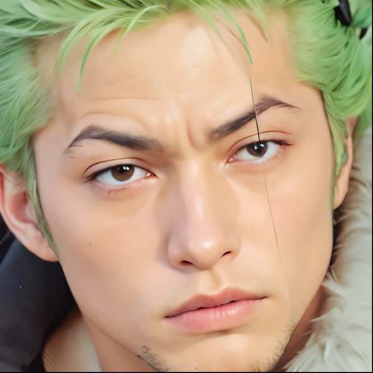 a close up of a man with green hair and a green shirt, roronoa zoro, from one piece, realistic image, handsome, detail