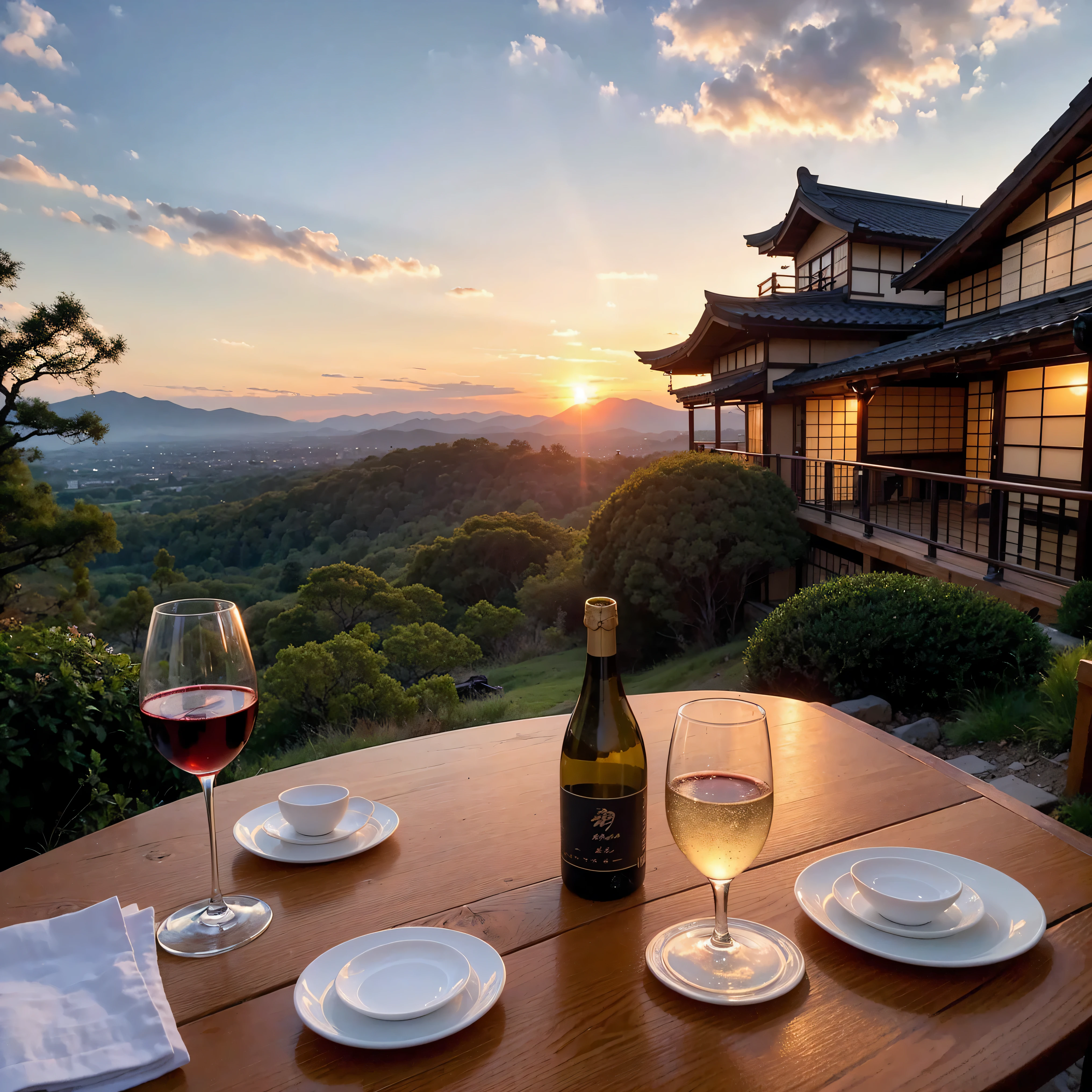 (including 64k, nffsw, highest quality, table top: 1.2), (realistic, realistic: 1.37), Spectacular view of the sunset sky and clouds、Amazing mountain views、White wine、Japanese sake、Sake Glass、wine glass、、sparkling wine、