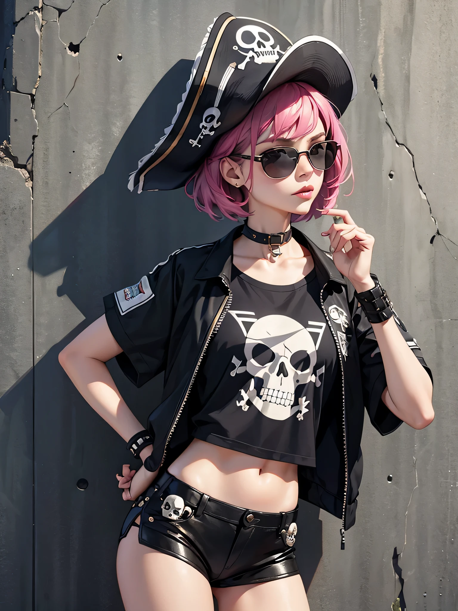 stylish t-shirt designs, The strongest girl pirate in history, cute lovely pirate skull, focus on the face, Stylish sunglasses, Fashionable hats, beautiful flower, highest quality、cyber punk, A girl standing in front of a wall with newspaper pasted on it, short hair, Embroidery pattern, dynamic pose, HDR, Detailed details, skull fashion, detailed clothing texture, starry night