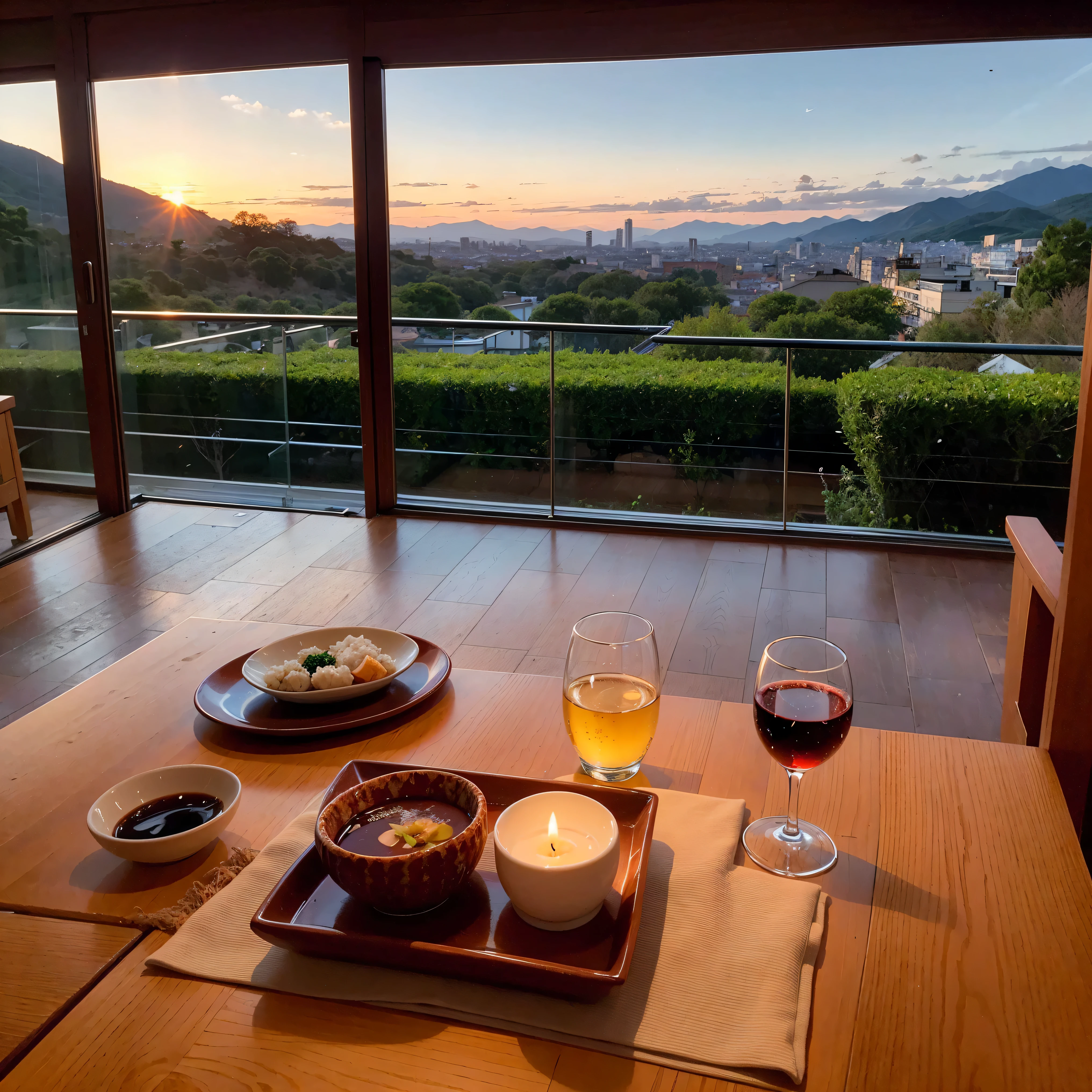 (including 64k, nffsw, highest quality, table top: 1.2), (realistic, realistic: 1.37), Spectacular view of the sunset sky and clouds、Amazing mountain views、White wine、Japanese sake、Sake Glass、wine glass、、sparkling wine、