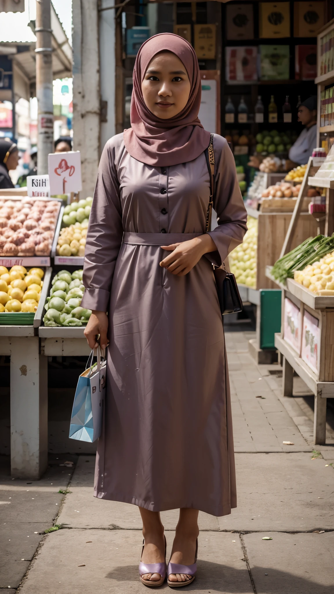 A crossdressing tall Indonesian man wearing a perfect hijab, gamis dress, pastel abaya dress, outer, and woman's flat shoes holding a shopping bag standing in the market with timid pose and cute shy expression, his body is facing to the camera.