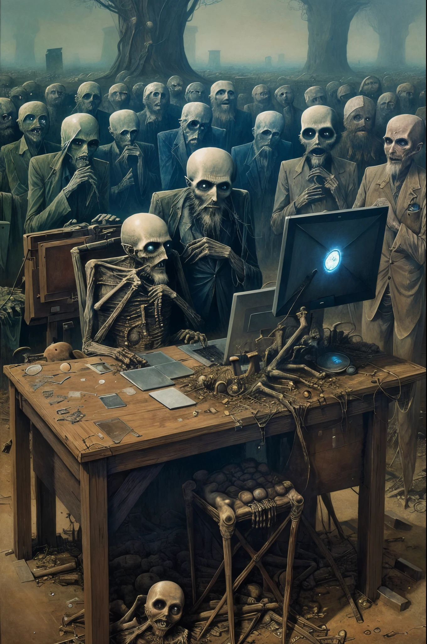 one beard man working on a computer, PC, internet, laptop, graveyard, nightmare, disturbing, creepy, gloomy, rotten, by zdzislaw beksinski