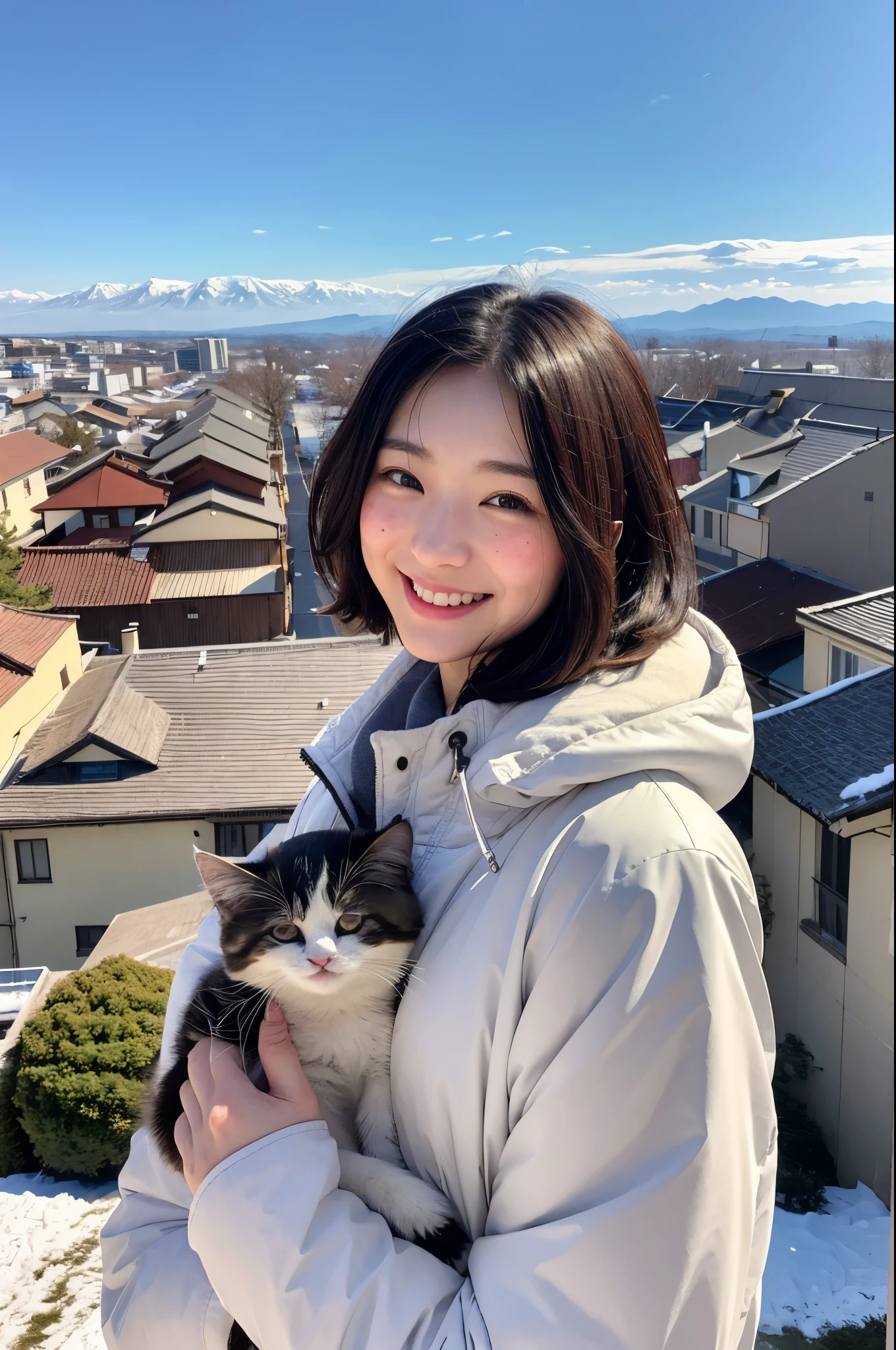 8K Photo Quality、View from the top of the hill(Biei Town, Hokkaido)、snow scene、beautiful japanese woman(23 years old)、Hair cut black bob、wearing a white down jacket。clear sky。Cute little black kitten holding and smiling。realistic face、a few freckles。