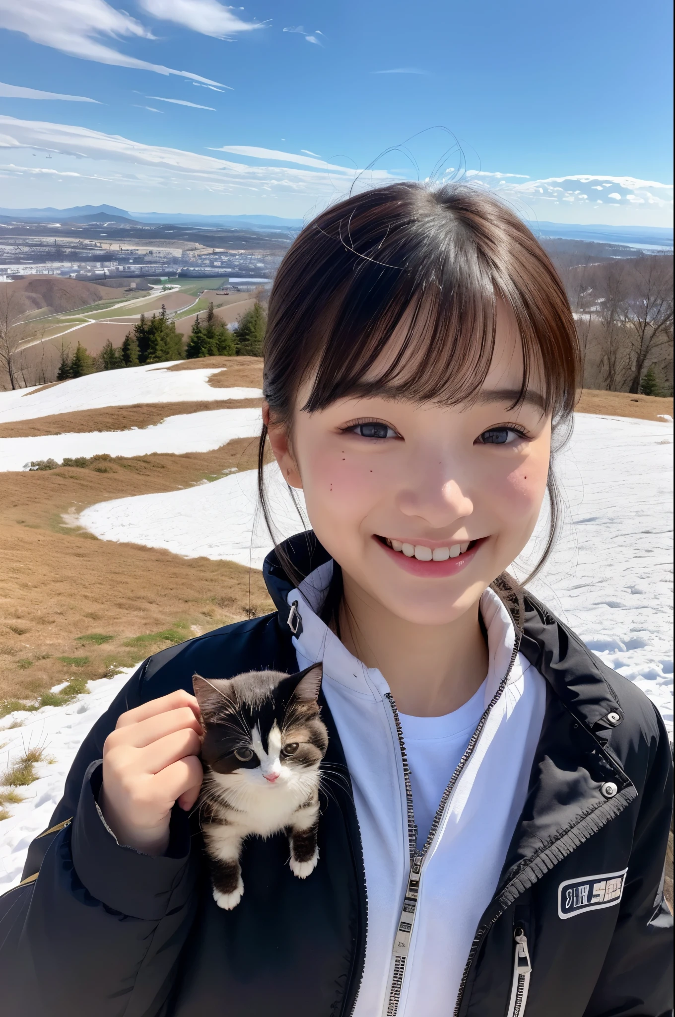 8K Photo Quality、View from the top of the hill(Biei Town, Hokkaido)、snow scene、beautiful japanese woman(23 years old)、Hair cut black bob、wearing a white down jacket。clear sky。Cute little black kitten holding and smiling。realistic face、a few freckles。