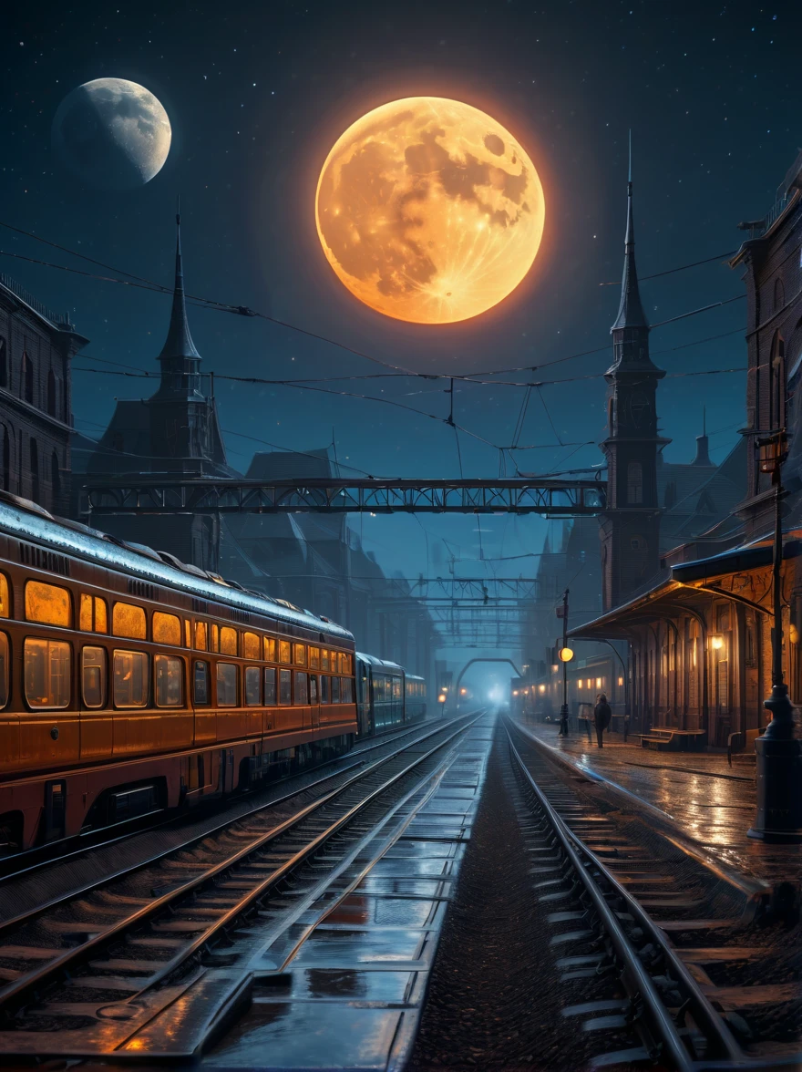 (best quality,8k,high resolution,masterpiece),Super fine,(1.4x more realism),HDR,UHD,studio lighting,Super fine,sharp focus,Physically based rendering,Extremely detailed description,major,Vivid colors,Bokeh,A train station in a lunar crater,train station on the moon,Beautiful lighting,science fiction fantasy,full of details,,concept art,dramatic lighting,science fiction art,Science fiction style,Dramatic moonlight sky,stunning ripples,soft focus,rich colors,Full of life,Energetic,Paintings by Caspar David Friedrich