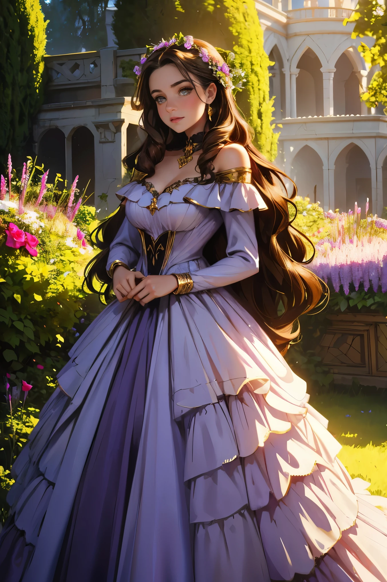 Fantasy, Gothic, light, garden, many flowers, a girl of about 20 years old with brown hair with wavy strands, plump lips, golden eyes, in a beautiful off-the-shoulder ball gown of pale lilac color of the late 19th century, looks like Jaina Proudmoore, hd