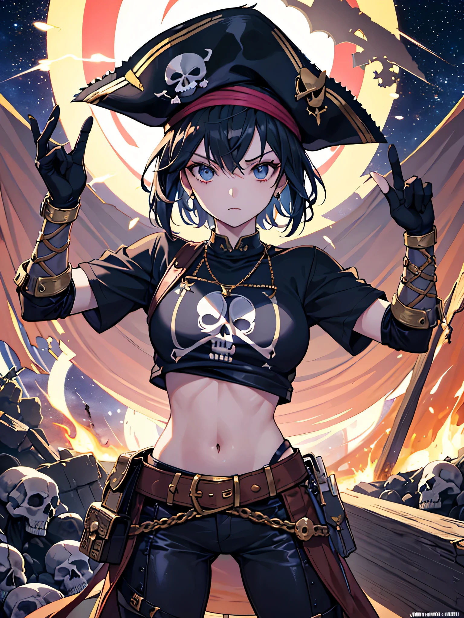 t-shirt design, The strongest girl pirate in history, strength of will, Stylish sunglasses, Fashionable hats, highest quality, short hair, dynamic pose, HDR, Detailed details, skull fashion, detailed clothing texture, starry night