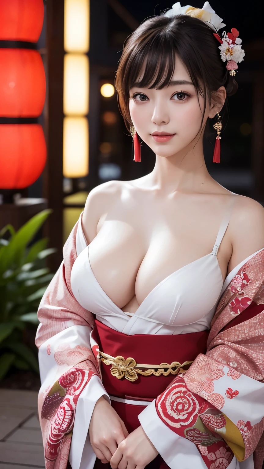 (8k, RAW photo, highest quality, masterpiece: 1.2), Super detailed, super resolution, (genuine, genuine photos: 1.37), portrait, High-definition RAW color photo, professional photos, 非常に詳細で美new, very detailed, 8k wallpaper, amazing details, huge file size, official art, very detailed CG Unity 8k wallpaper, very detailed beautiful girls, very detailed facesHighly detailed eyes, Very fine skin, very detailed fingers, very small nose, very detailed detailed mouth, perfect anatomy, detailed background, fine clothes,20th generation, cute girl, genuineistic body,  white skin, glowing skin,  (dull bangs: 1.2), smile, cute, like々new, cute face, genuineistic face, delicate eyes, sagging eyes、(red black and white image 3.1)、(Kimono 1.2)、(Oiran 1.2)、(悲new表情), ((sexy and dynamic pose)), earrings, looking at camera, Contrapos, dynamic lighting, G cup breasts,big breasts、whole body、(View of the Japan garden at night１.2)、(Expose 1.2)、(Short furisode 1.2)