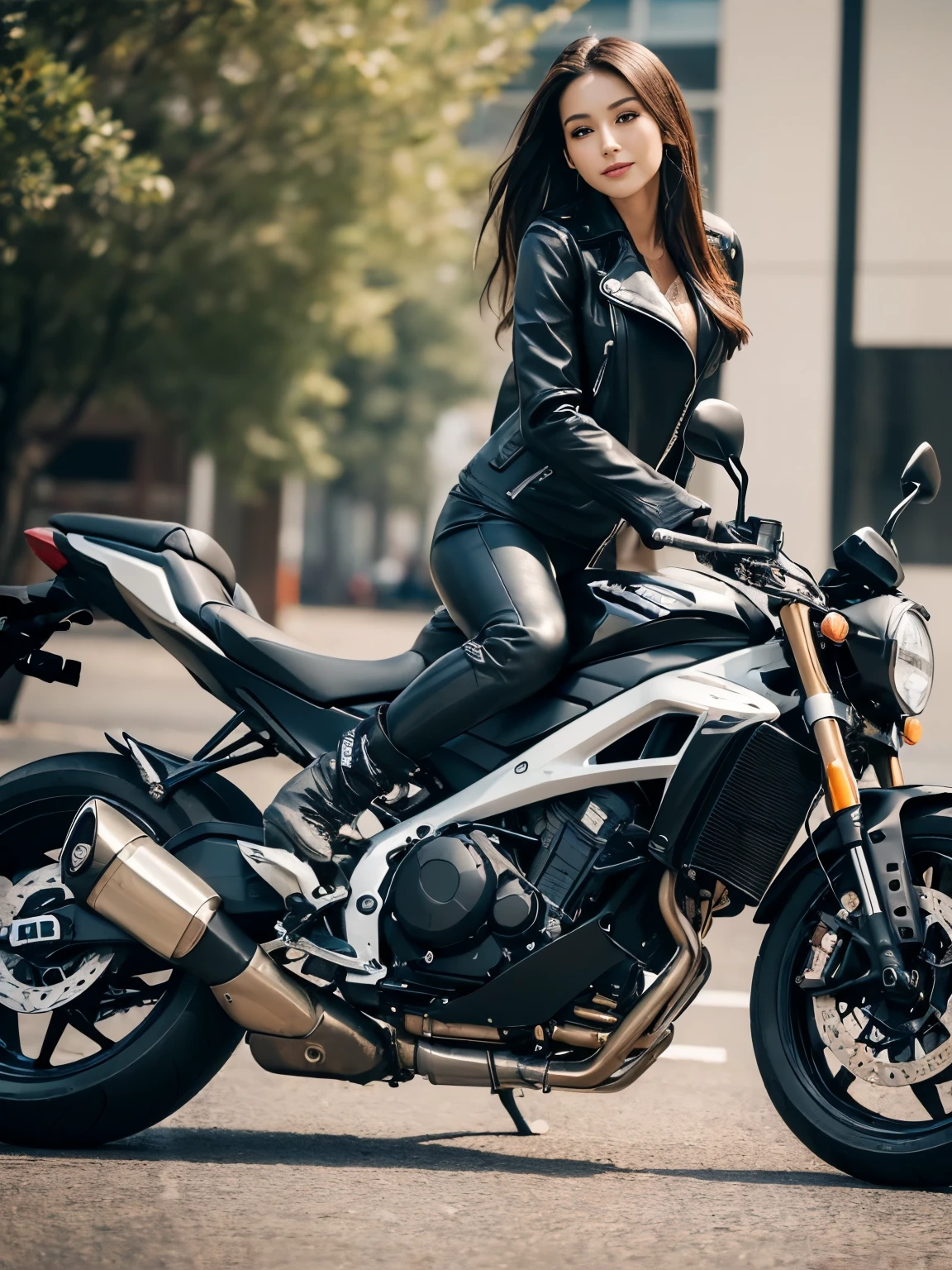 ((highest quality, 8k, masterpiece: 1.3)), Masterpiece Best Quality, (Sharpen your face: 1.5), perfect body beauty: 1.4,(((Woman on motorcycle))),slender body,((Long-sleeved biker jacket and black long pants)),Highly detailed face and skin texture, Natural light,smile、rider boots, long legs, camel toe