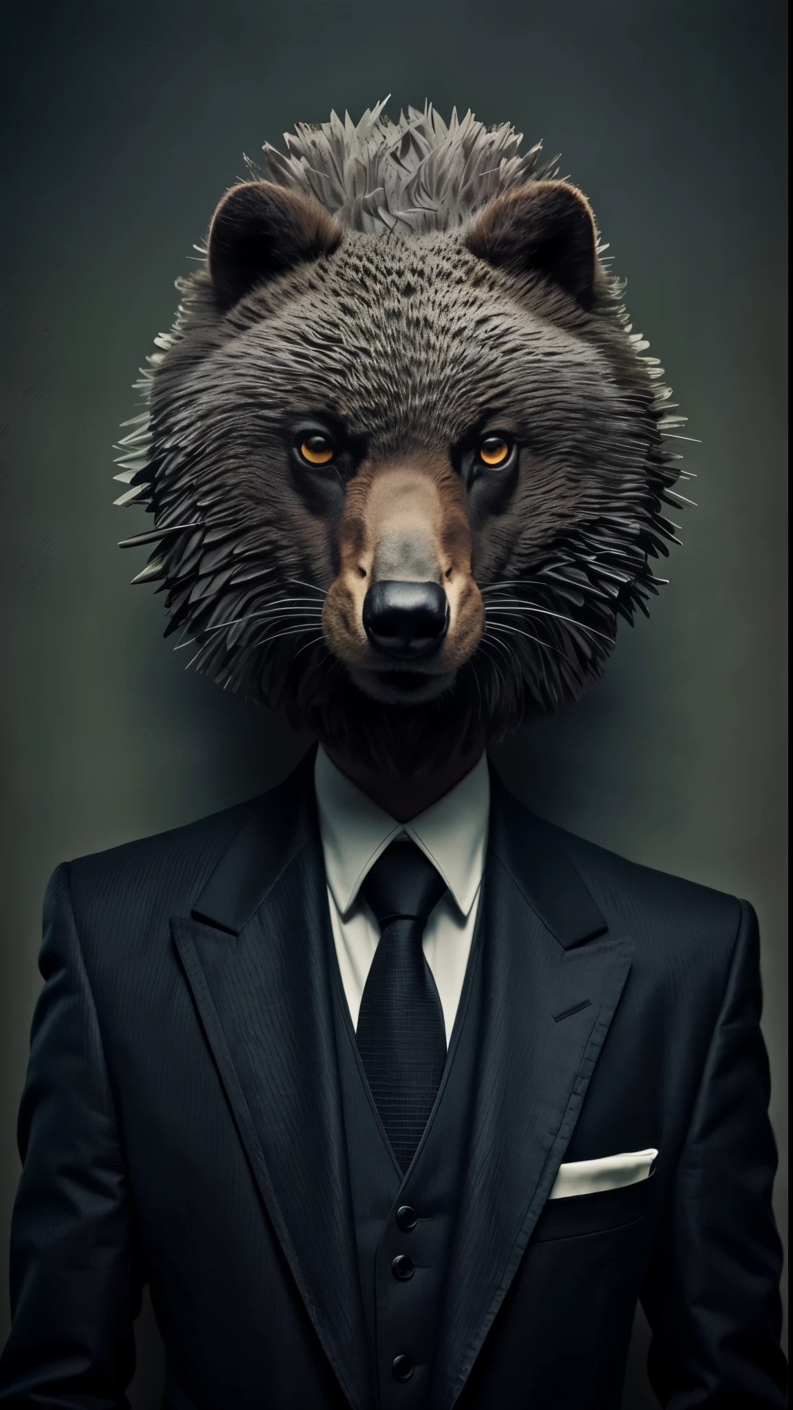 araffe con traje y corbata con fondo negro, retrato de oso antropomorfo, mapache antropomorfo, Babuino con traje y corbata, un mapache vestido con ropa formal, por Adam Marczyński, retrato antro obra maestra, Sergey Zabelin, Surreal hybrid animals, Hombre oso cerdo, Retrato de animales