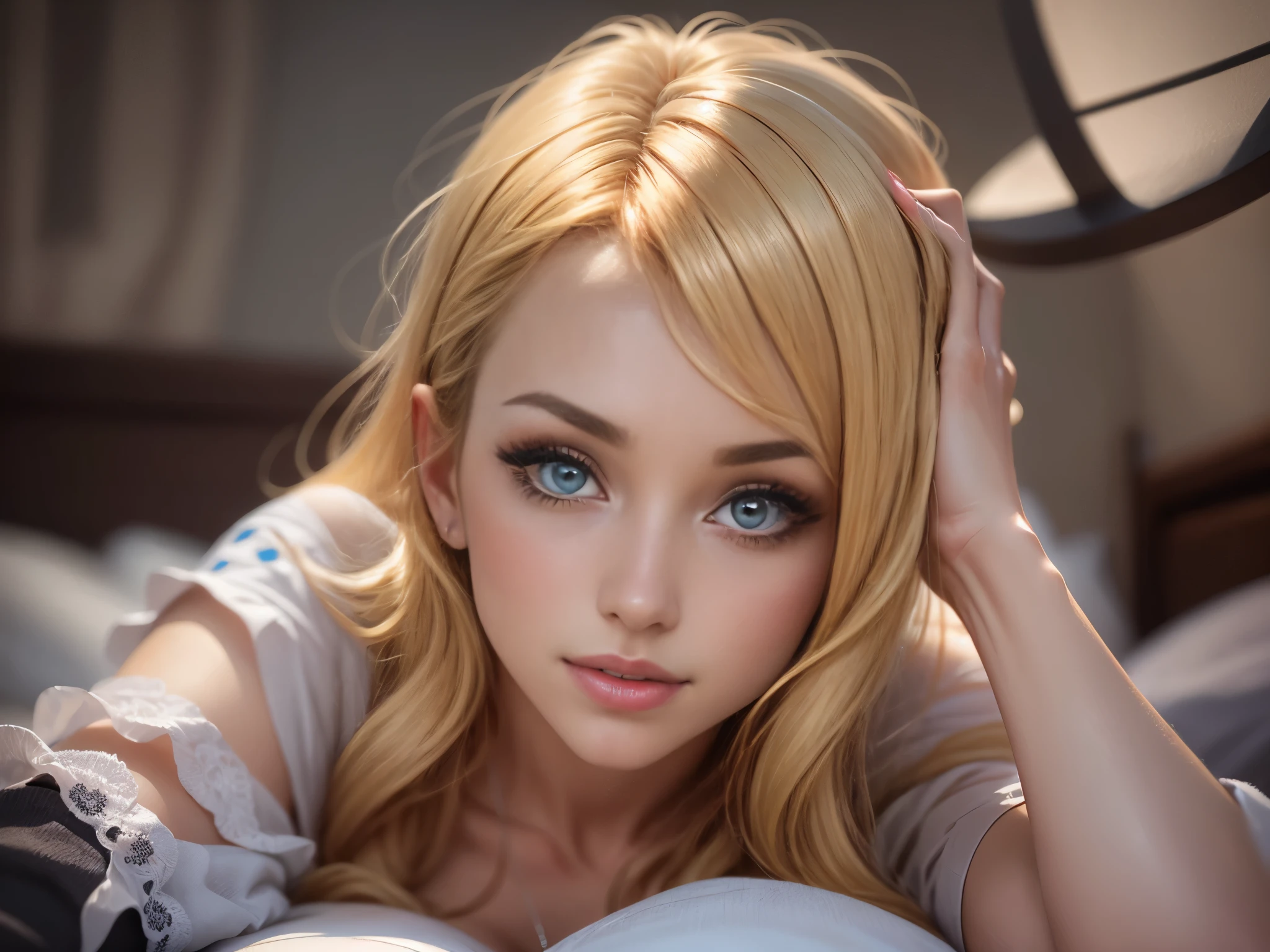 (Masterpiece, Professional lighting, 16k, 8k wallpaper, raw photo, photorealistic:1.8, ultra detailed, , slightly wide angle lens, natural  lighting, detailed skin, detailed face, detailed eyes), 1 beautiful girl, selfie shot from above, full body image , long curly blond hair with bangs,  necklace, blue eyes, sexy gaze inviting look, white top short red skirt