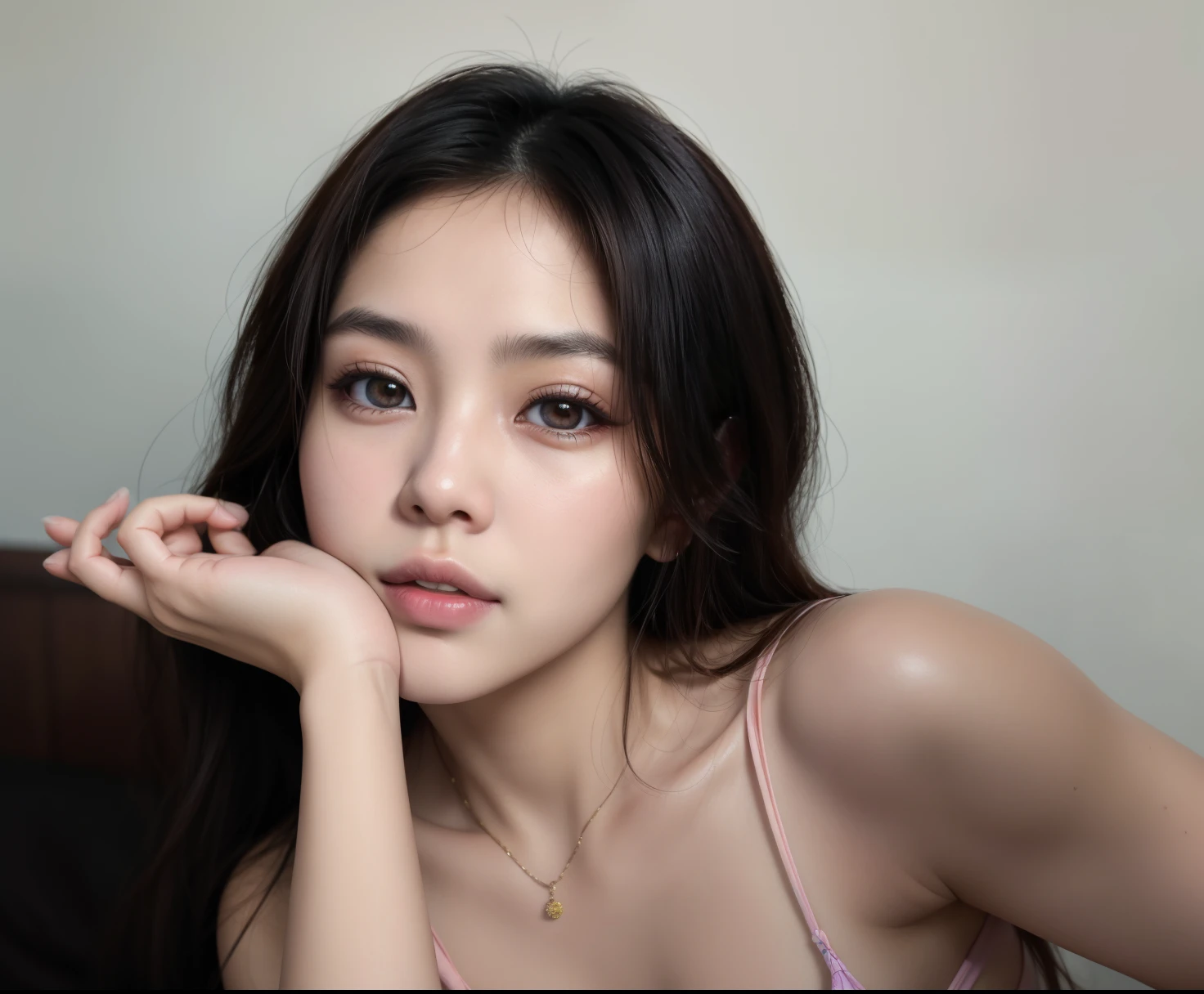 hay una mujer que posa para una foto con la mano en la barbilla, cara sexy with full makeup, with very labios delgados, small lips pointed nose, cara sexy, labios gruesos, Southeast Asian with round face, labios claros y de alta calidad, labios delgados, 🤤 girl portrait, Labios rosados, asian guy, pale labios delgados, asian girl