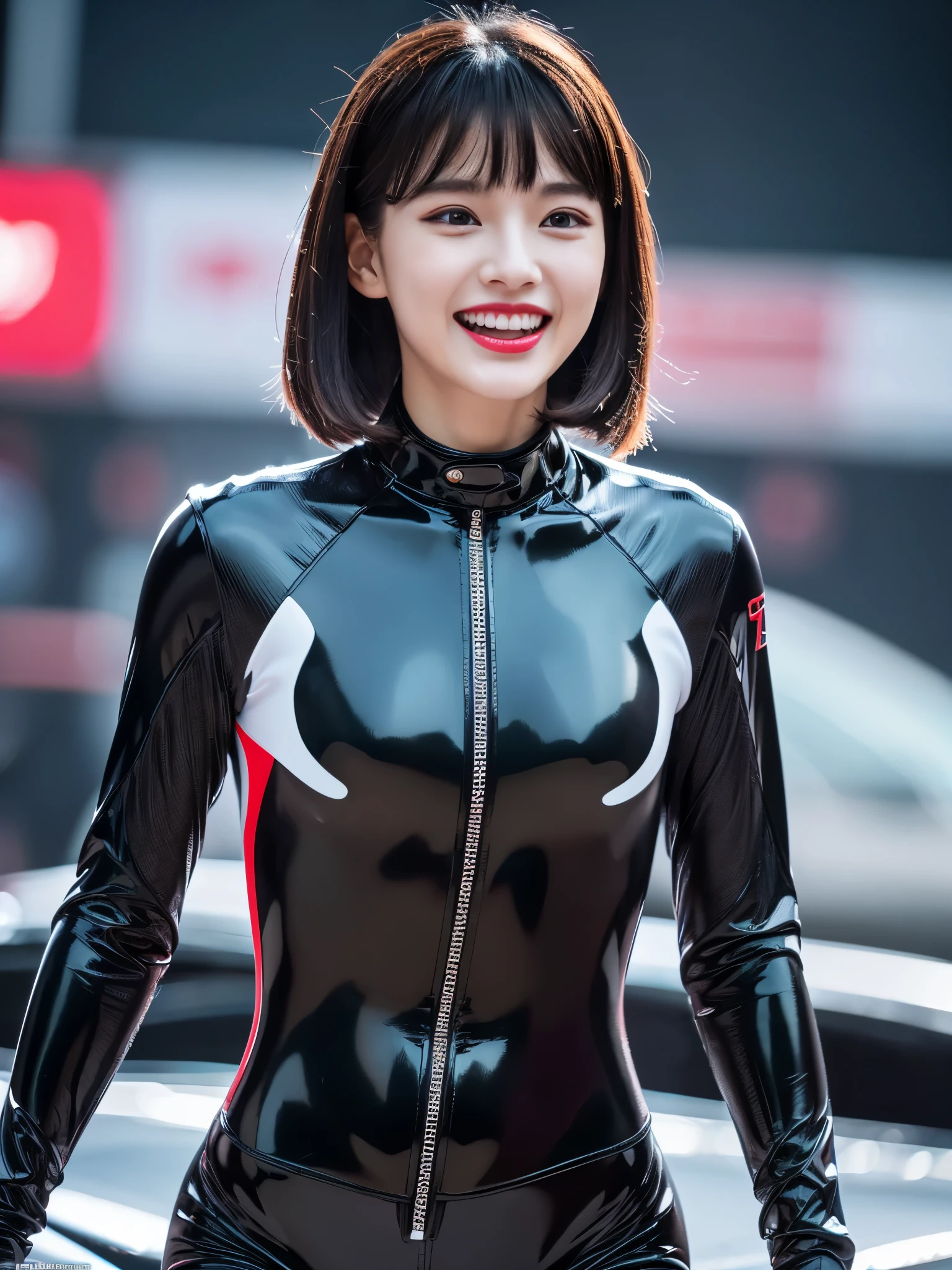 8k,超A high resolution,highest quality、masterpiece、Ultra - High resolution、(It looks real in the photo:1.4)、(1 girl)、long sleeve、(rubber black racing suit)、(mid short hair)、(wet hair)、super detailed human face、highly detailed teeth、red lipstick