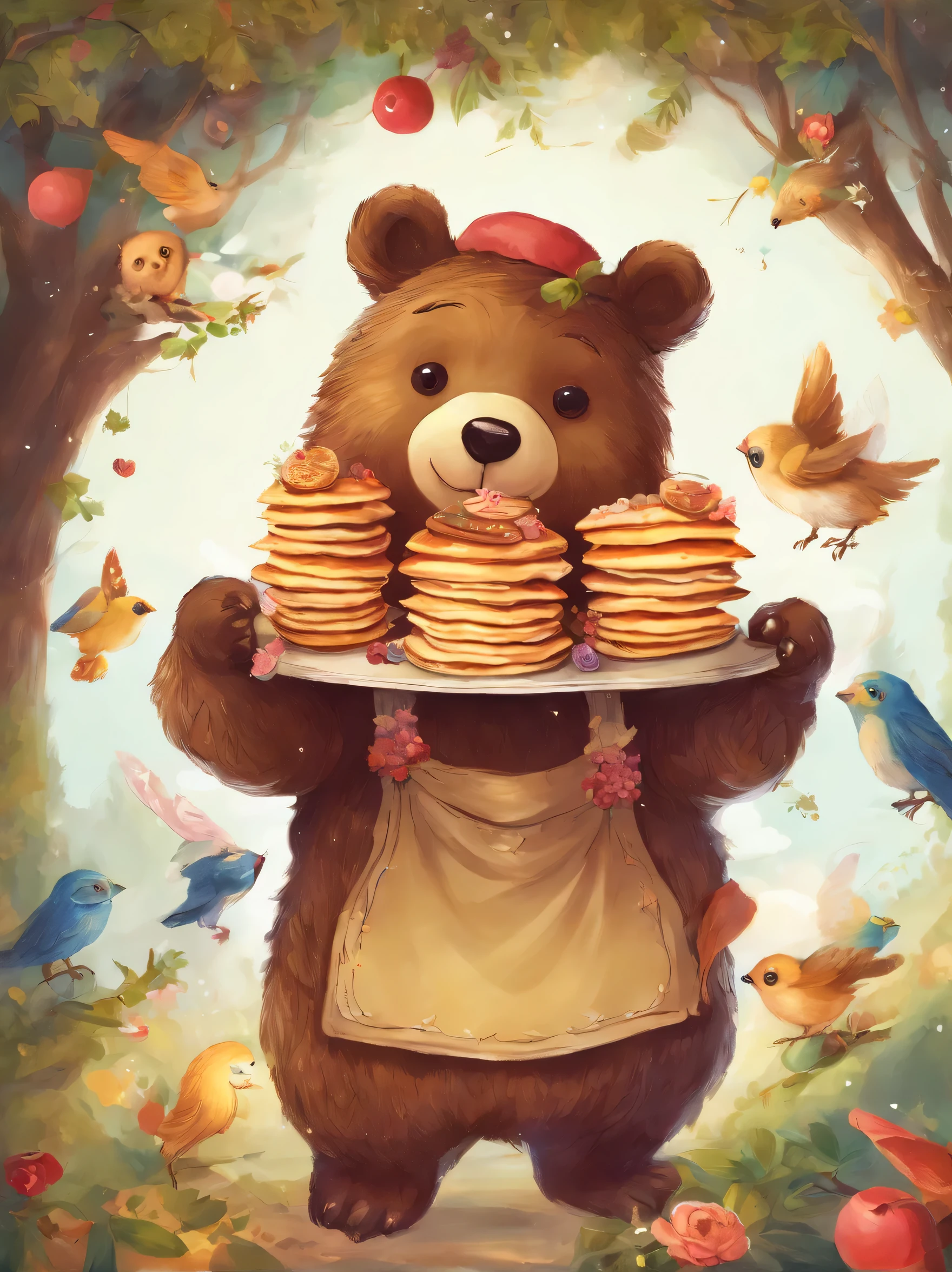 A cute bear cook is holding a pile of pancakes.、forest restaurant、Photo album、fantasy、Birds of various colors are flying in the sky